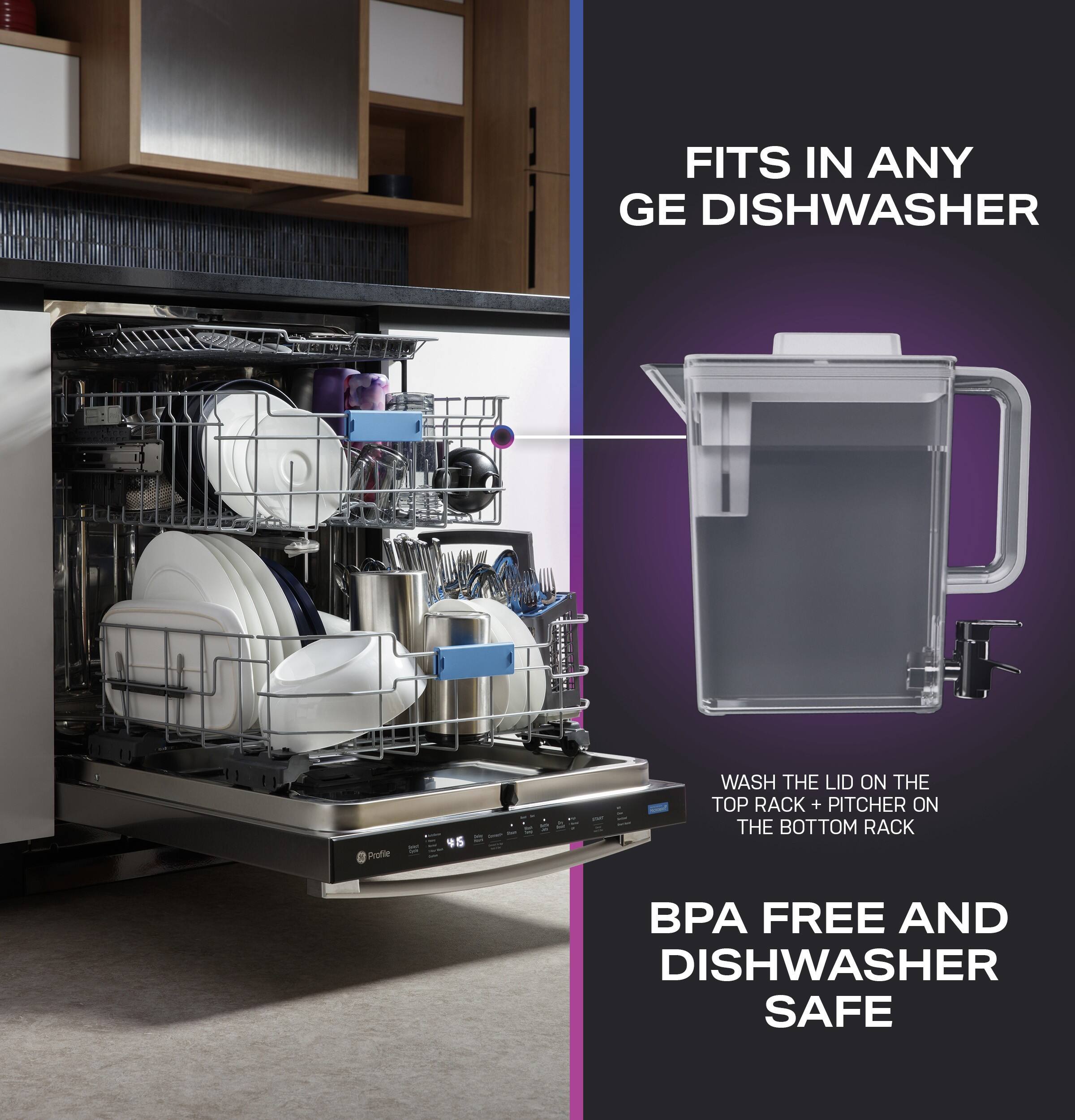 Fits in any GE dishwasher. Protect - 95 - Wash the lid on the top rack + pitcher on the bottom rack. BPA free and dishwasher safe.