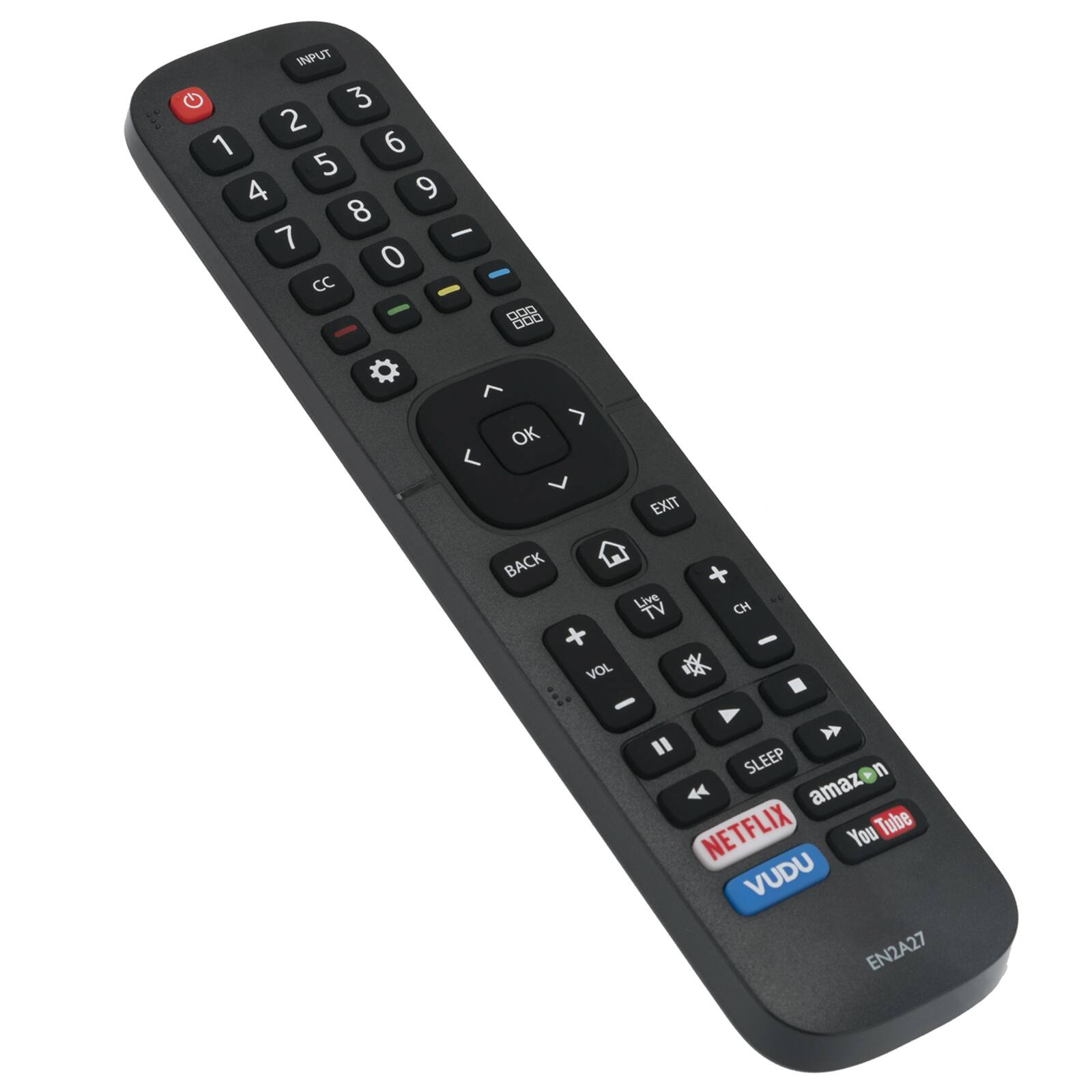 INPUT 3 2 1 6 5 4 9 8 7 - 0 CC OK EXIT BACK Live TV VOL CH SLEEP amazon NETFLIX You Tube VUDU EN2A27