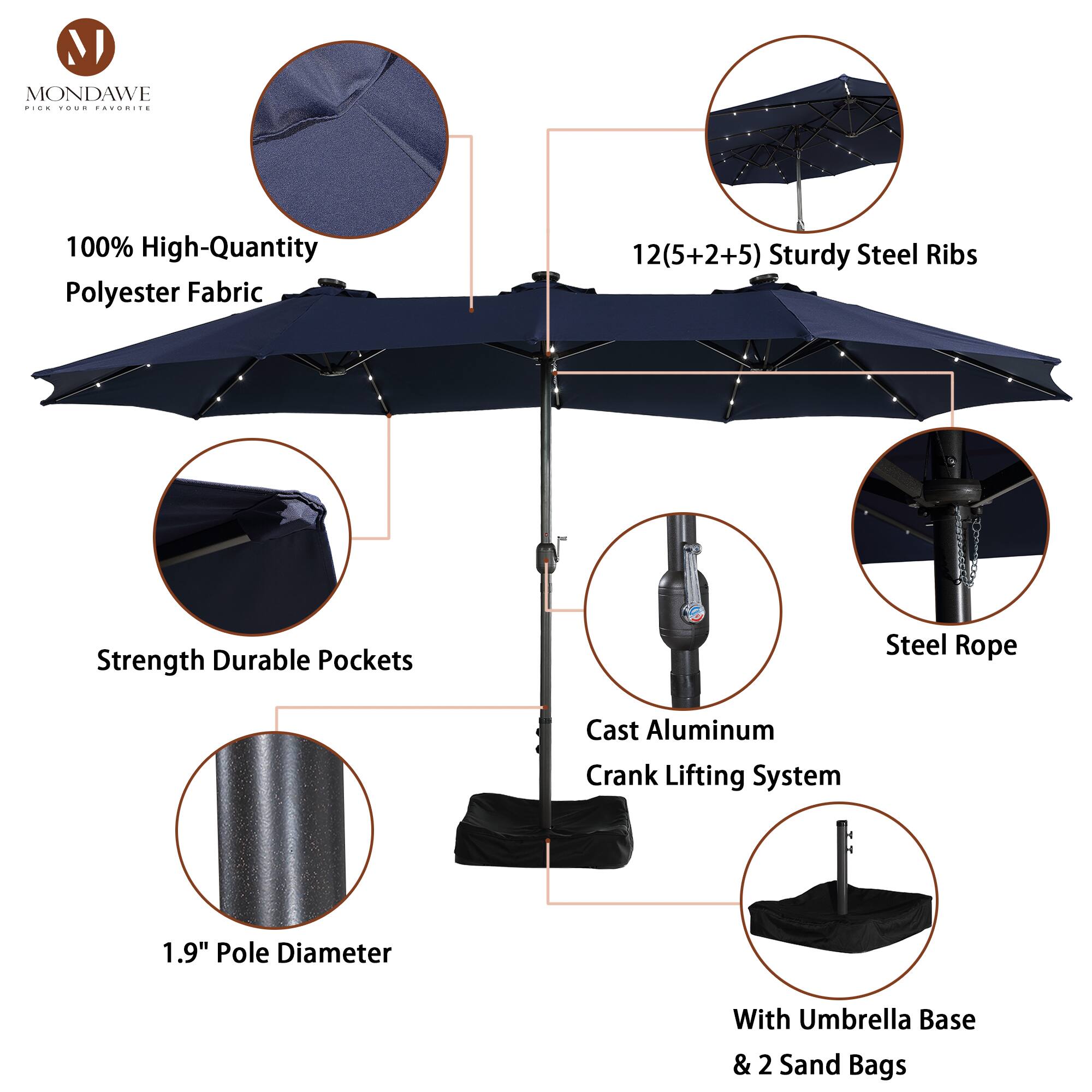 Mondawe  
100% High-Quantity Polyester Fabric  
12(5+2+5) Sturdy Steel Ribs  
Strength Durable Pockets  
Steel Rope  
Cast Aluminum Crank Lifting System  
1.9" Pole Diameter  
With Umbrella Base & 2 Sand Bags