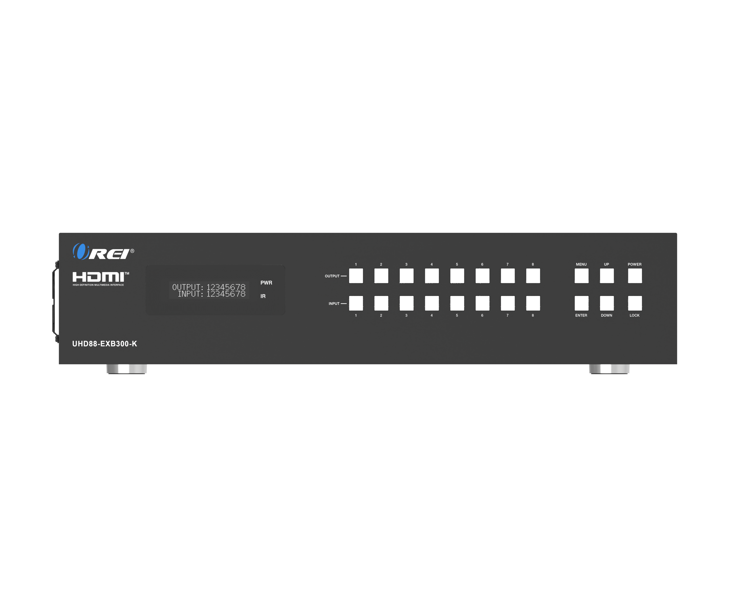 REP 1 HDMI I | I : PWR OUTPUT: 12345678 INPUT: 12345678 -   - - 1 - 1 + - - - -   d - - + n - miEN i  UHDS8-EXB300-K
