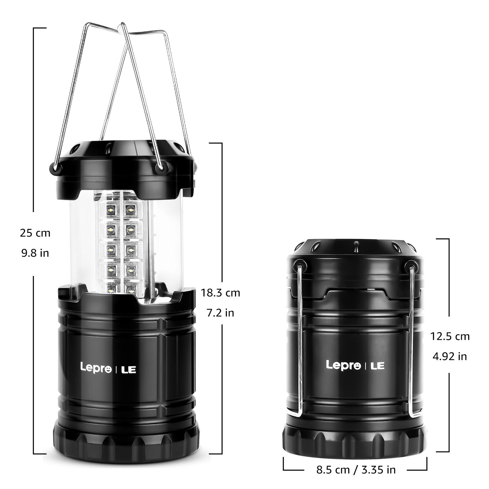 The image shows two black Lepre L.E. lanterns, one with a diameter of 18.3 cm (7.2 in) and the other with a diameter of 12.5 cm (4.92 in). The lanterns are designed to provide bright lighting in various settings.