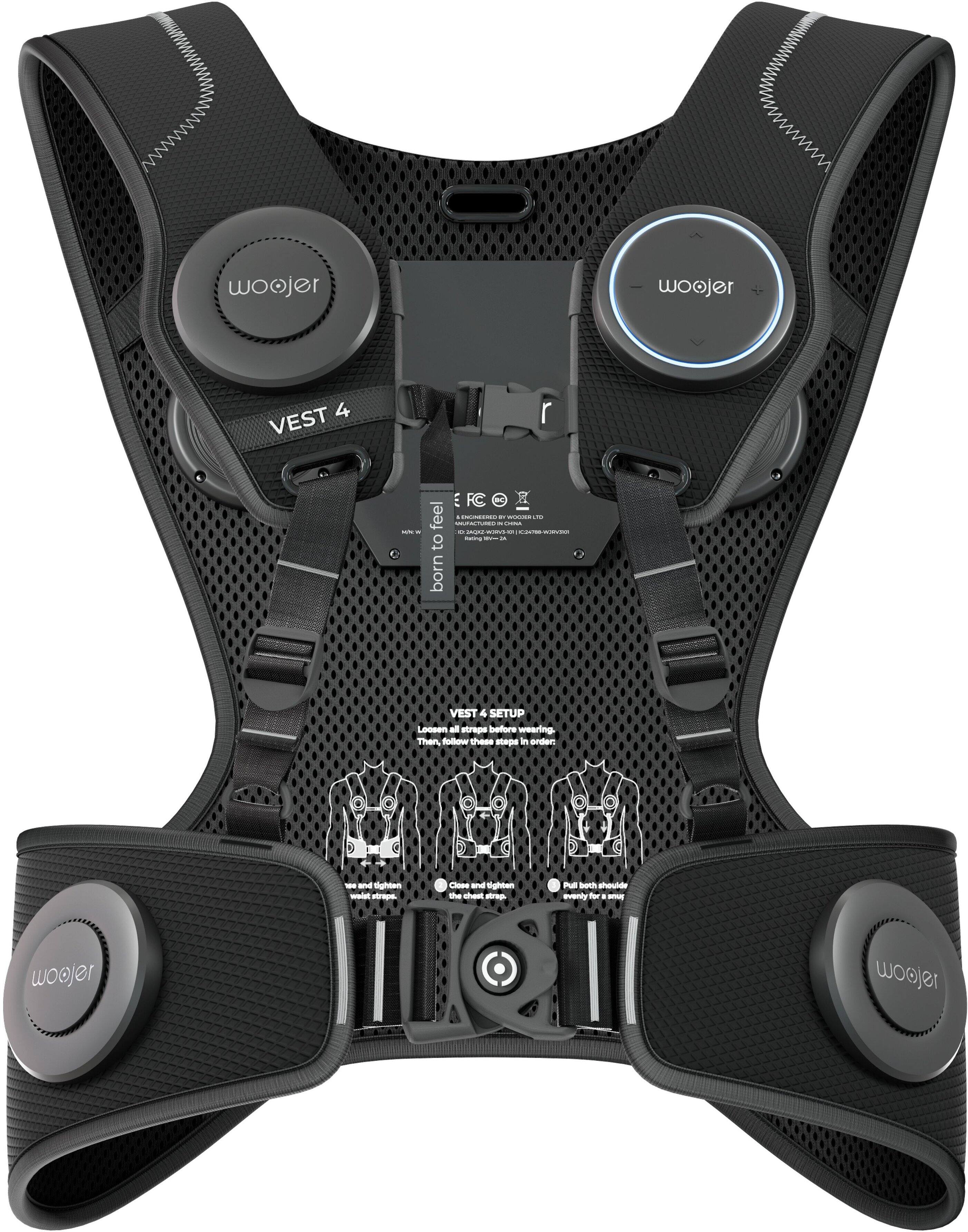 woojer VEST 4

born

VEST 4 SETUP

Loosen all straps before wearing. Then, follow these steps in order:

1. Close and tighten the chest strap.
2. Pull both shoulder straps evenly for a snug fit.
3. Tighten the waist strap.