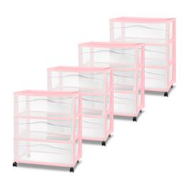 Sterilite - Wide 3 Drawer Storage Cart, Plastic Rolling Organization, 4 Pack - Pink