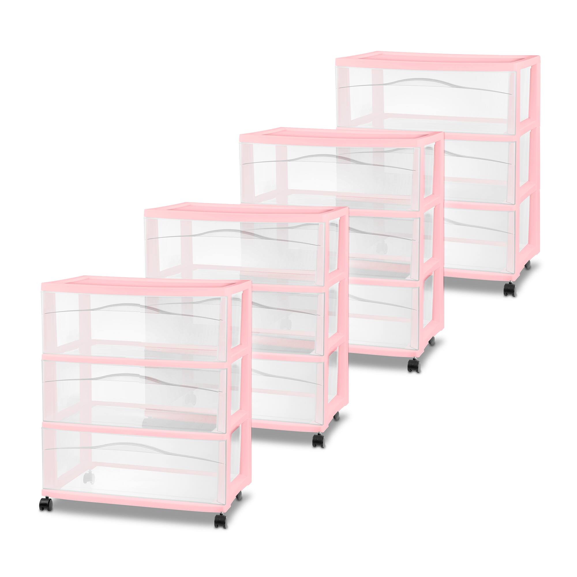 Front. Sterilite - Sterilite Wide 3 Drawer Storage Cart, Plastic Rolling Organization, Pink, 4 Pack - Pink.