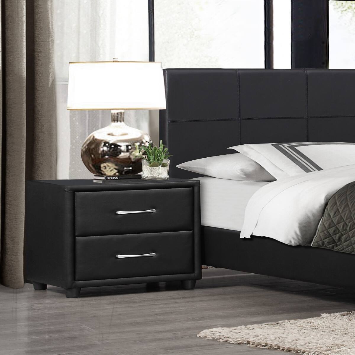 Angle. Loheer - Loheer Black Faux Leather Nightstand with Two Drawers and Silver-Tone Pulls - Black.