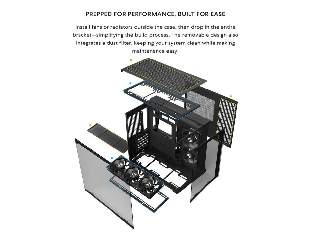 PREPPED FOR PERFORMANCE, BUILT FOR EASE

Install fans or radiators outside the case, then drop in the entire bracket—simplifying the build process. The removable design also integrates a dust filter, keeping your system clean while making maintenance easy.