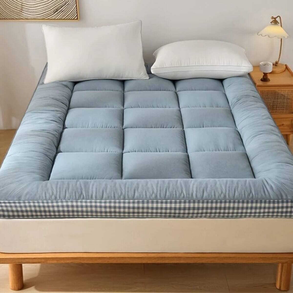 Back. Shatex - Three-layer foam queen mattress topper with 3D quilted edges, soft, breathable, and suitable for all seasons. - Blue.