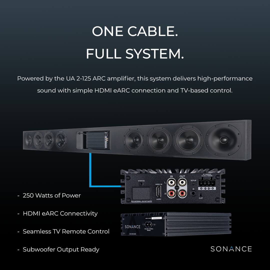 ONE CABLE. FULL SYSTEM.

Powered by the UA 2-125 ARC amplifier, this system delivers high-performance sound with simple HDMI eARC connection and TV-based control.

- 250 Watts of Power
- HDMI eARC Connectivity
- Seamless TV Remote Control
- Subwoofer Output Ready

SONANCE
