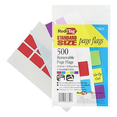 76825 Redi-Tag STANDARD SIZE page flags  
500 Removable Page Flags  
50 Sheets x 10 Flags per Sheet  
5 Assorted Colors  
Write On!  
Removable adhesive on half the flag  
Write on color area of flag with ballpoint pen or permanent marker  
Flag size: 17 x 1 in (43mm x 25mm)  
Redi-Tag DIVERSIFIED