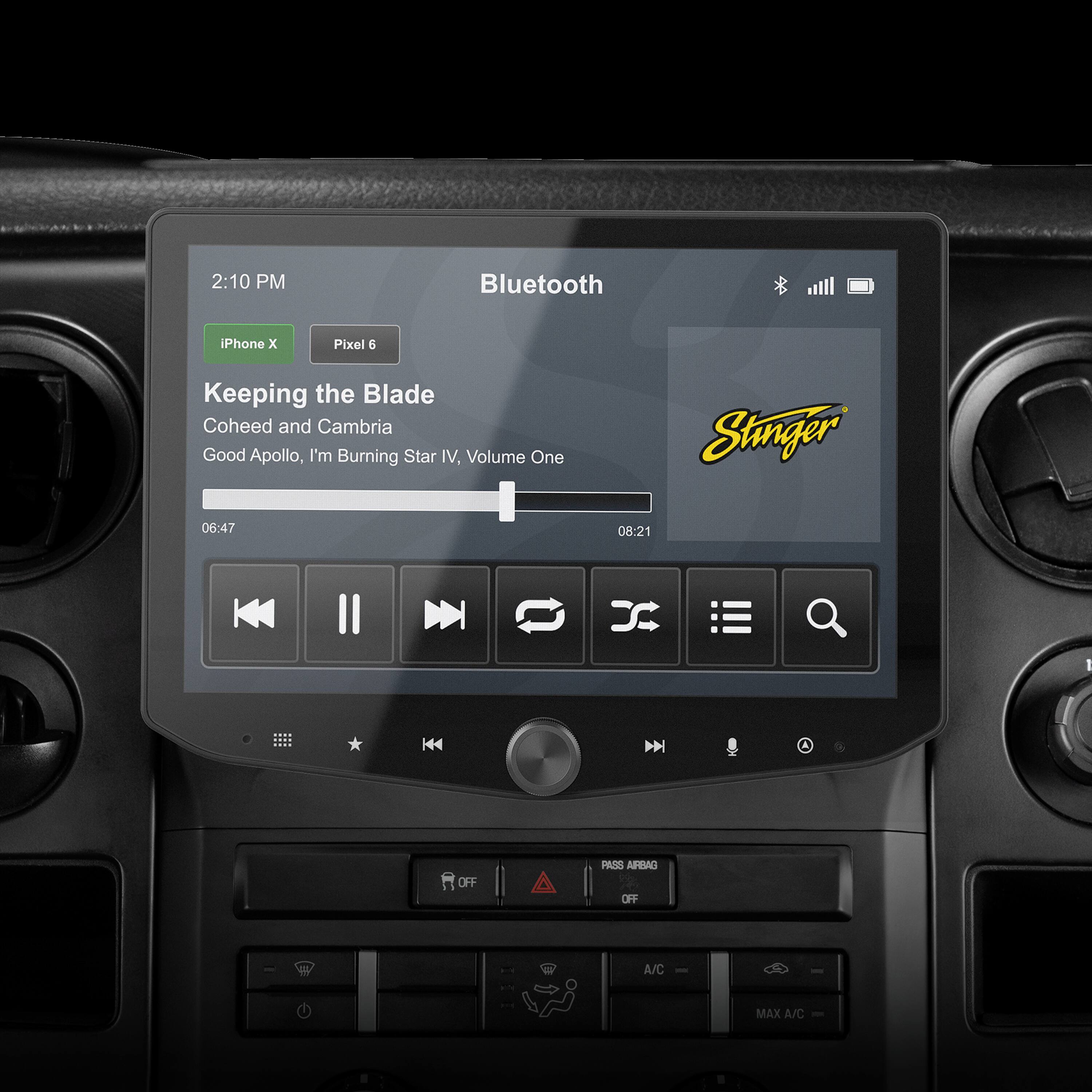 The text on the image is grouped and corrected as follows:

"2:10 PM Bluetooth iPhone x Pixel 6 Keeping the Blade Coheed and Cambria Good Apollo, I'm Burning Star IV. Volume One Stinger 06:47 08:21 I K44 H A OFF PARS ARDAO OFF A/C - MAX A/C"

This text describes the current time, the device being used (Bluetooth), the music playing (Keeping the Blade by Coheed and Cambria), and the volume level (Volume One). The text also indicates that the air conditioning is turned off, and the temperature is set at maximum.