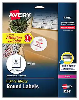 Avery - High Visibility Laser Shipping Labels, 2.5"Dia., 300/Pack - White