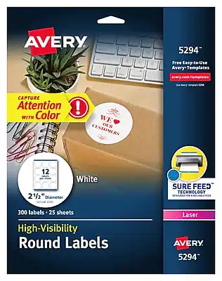 AVERY 5294
Free Easy-to-Use Avery Templates
Capture Attention with Color
White
2 1/2" Diameter
300 Labels - 25 Sheets
High-Visibility Round Labels
Laser
Sure Feed Technology
AVERY 5294