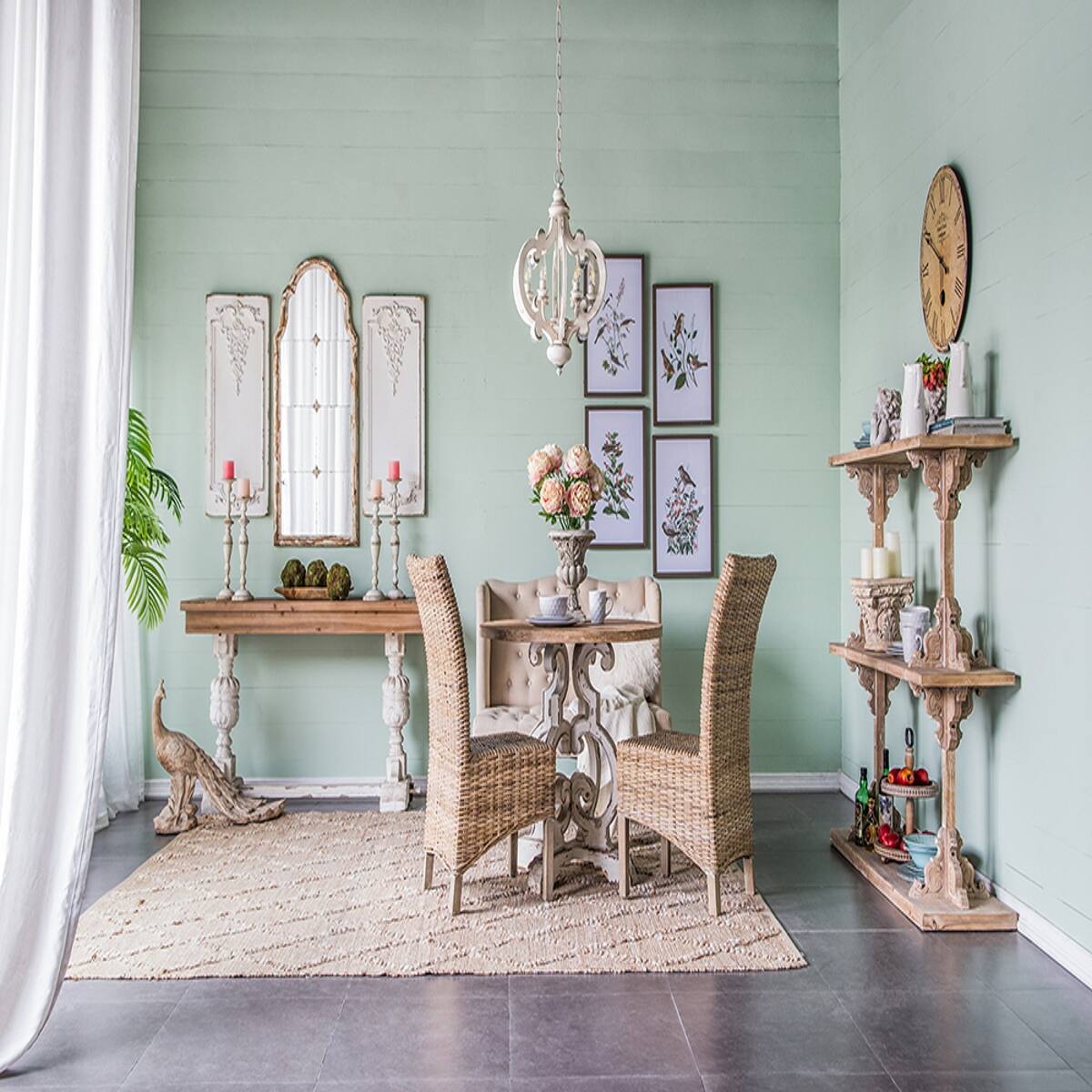 Back. Loheer - Loheer French Country Chandelier, Six Light Whitewashed Wood Fixture with Adjustable Chain.
