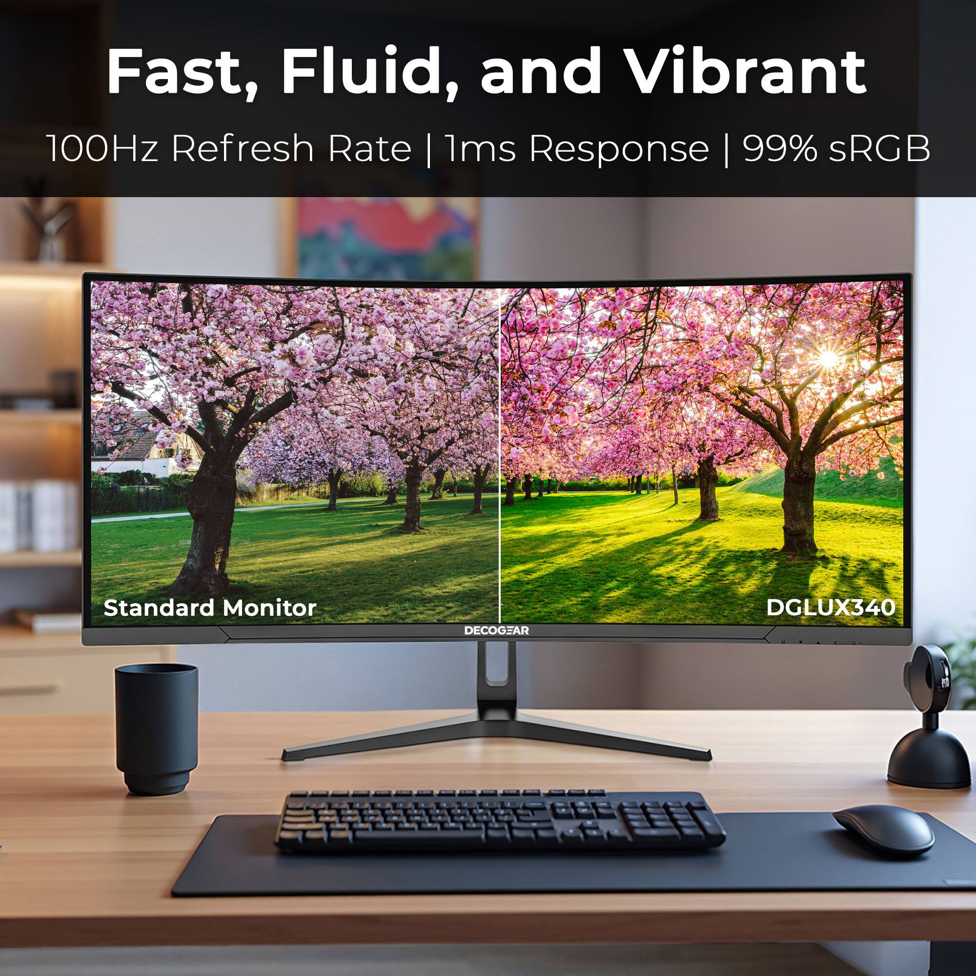 Fast, Fluid, and Vibrant 100Hz Refresh Rate | 1ms Response | 99% sRGB Standard Monitor | DGLUX340