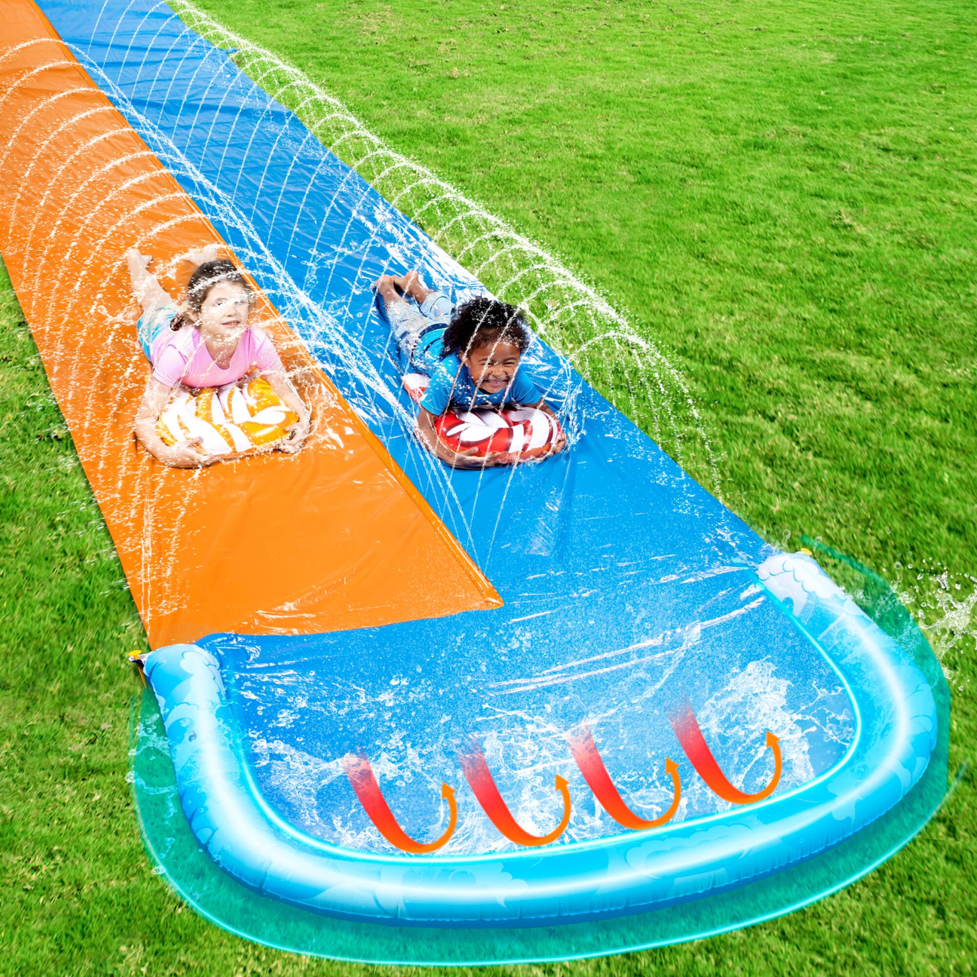 Left. Joyfy - 32.5ft Slip Water Slide with 2 Inflatable Boards, Summer Double Lawn Water Slip with Sprinkler, Splash Mat for Kid Adult.