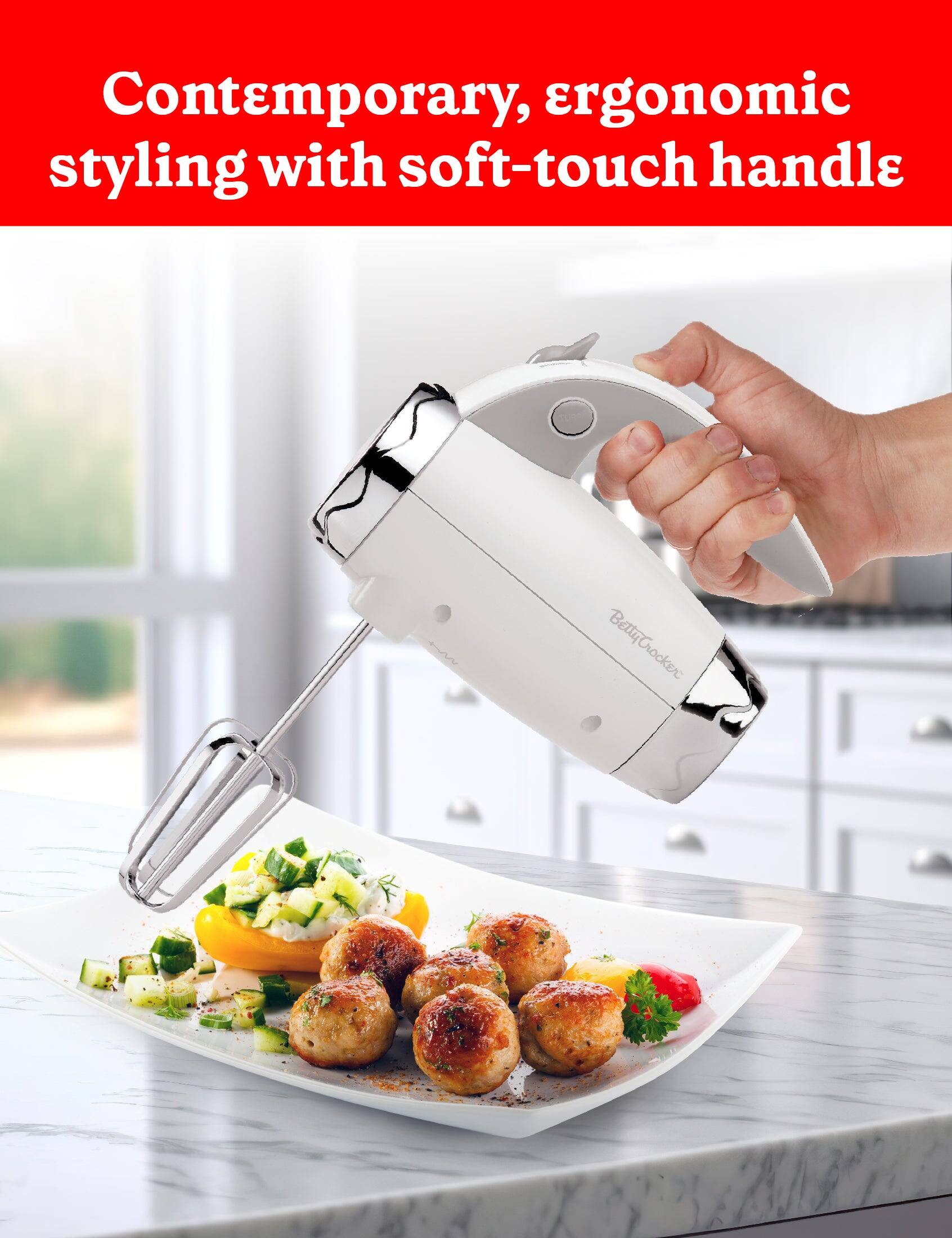 Contemporary, ergonomic styling with soft-touch handle. Betty Crocker.