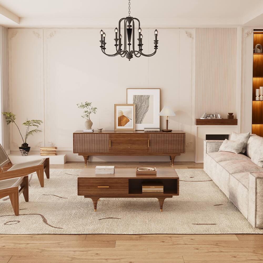 Left. POVISON - 78.74" Fully-Assembled Mid-Century Fluted TV Stand, Entertainment Center with Double Cabinet Door, Vertical Stripes - Dark Wood.