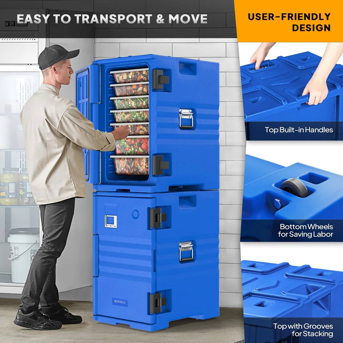 EASY TO TRANSPORT & MOVE

USER-FRIENDLY DESIGN

Top Built-in Handles

Bottom Wheels for Saving Labor

Top with Grooves for Stacking