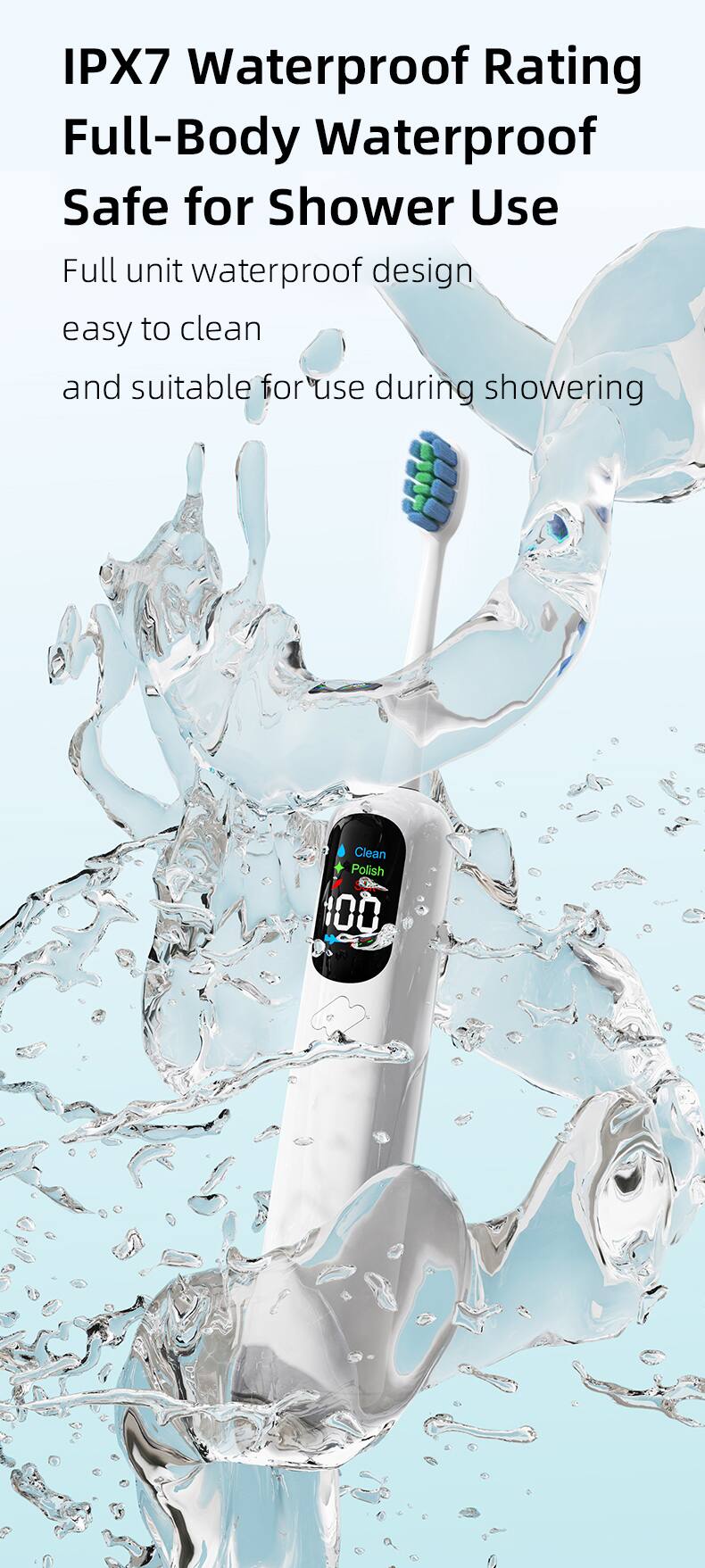 IPX7 Waterproof Rating  
Full-Body Waterproof Safe for Shower Use  

Full unit waterproof design  
easy to clean  
and suitable for use during showering  

Clean  
Polish  
100