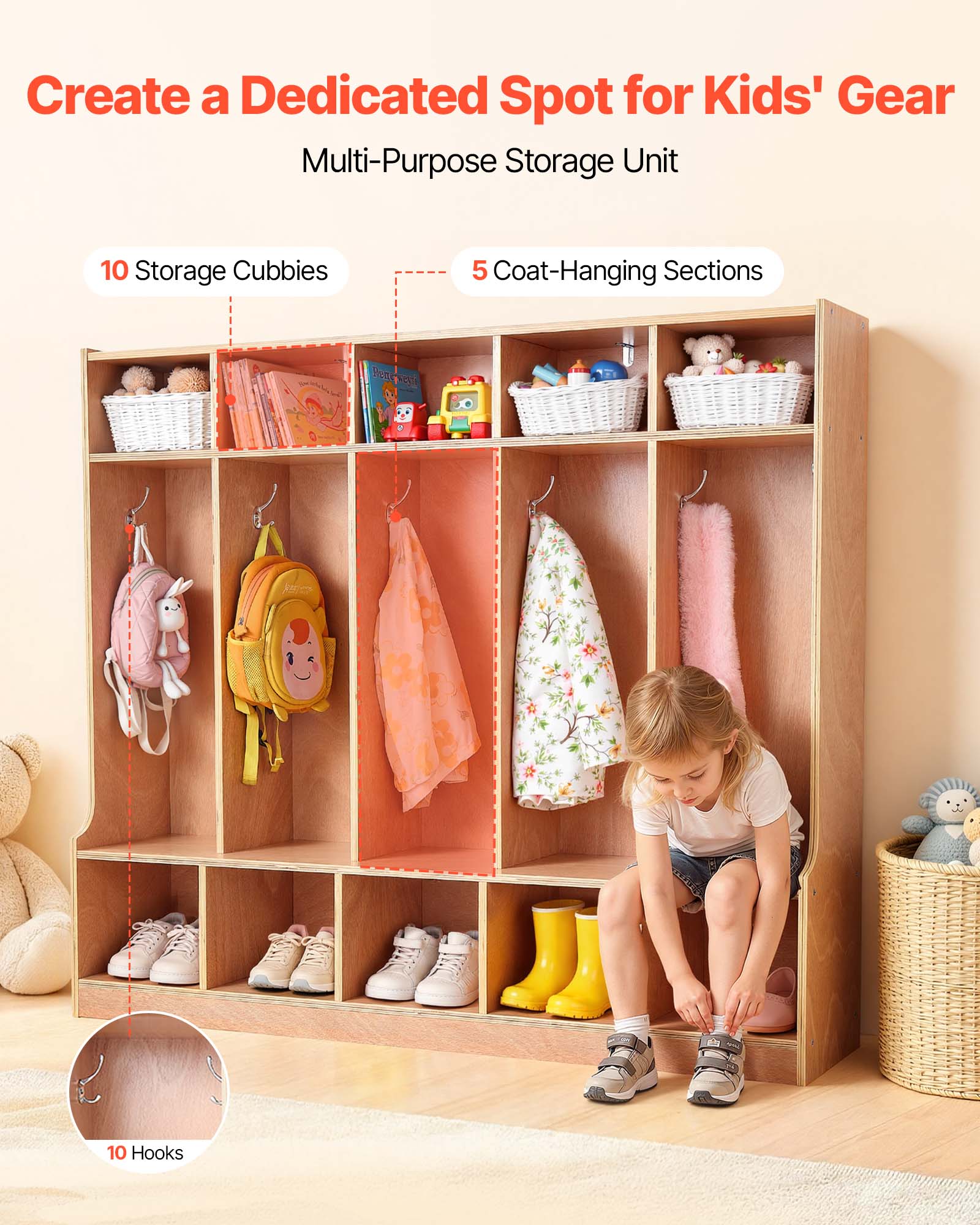 Create a Dedicated Spot for Kids' Gear  
Multi-Purpose Storage Unit  
10 Storage Cubbies  
5 Coat-Hanging Sections  
10 Hooks