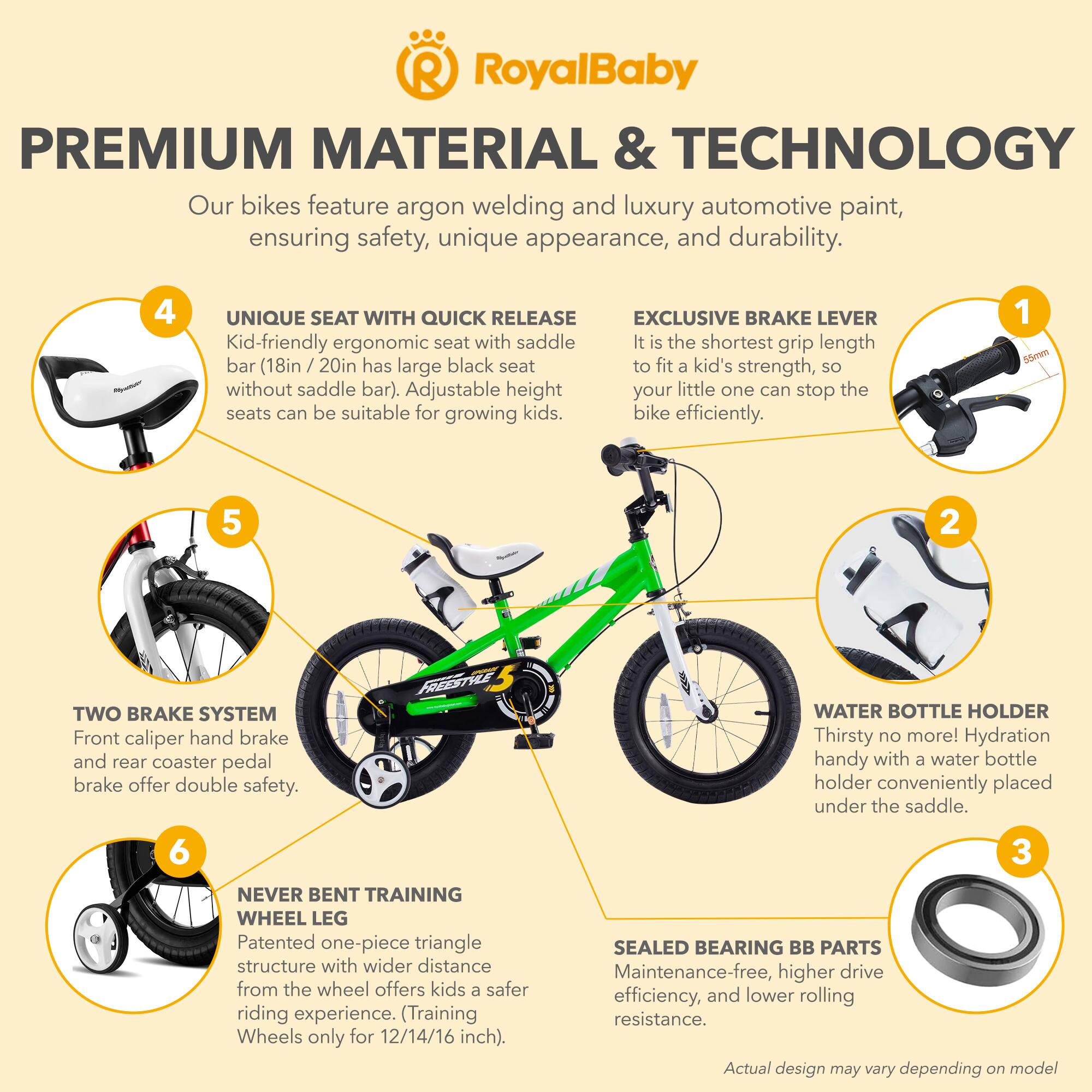 RoyalBaby PREMIUM MATERIAL & TECHNOLOGY  
Our bikes feature argon welding and luxury automotive paint, ensuring safety, unique appearance, and durability.  

1. EXCLUSIVE BRAKE LEVER  
It is the shortest grip length bar (18in / 20in has large black seat to fit a kid's strength, so your little one can stop the bike efficiently.  

2. UNIQUE SEAT WITH QUICK RELEASE  
Kid-friendly ergonomic seat with saddle bar (18in / 20in has large black seat to fit a kid's strength, so without saddle bar). Adjustable height seats can be suitable for growing kids.  

3. SEALED BEARING BB PARTS  
Maintenance-free, higher drive efficiency, and lower rolling resistance.  

4. TWO BRAKE SYSTEM  
Front caliper hand brake and rear coaster pedal brake offer double safety.  

5. WATER BOTTLE HOLDER  
Thirsty no more! Hydration handy with a water bottle holder conveniently placed under the saddle.  

6. NEVER BENT TRAINING WHEEL LEG  
Patented one-piece triangle structure with wider distance from the wheel offers kids a safer riding experience. (Training Wheels only for 12/14/16 inch).  

Actual design may vary depending