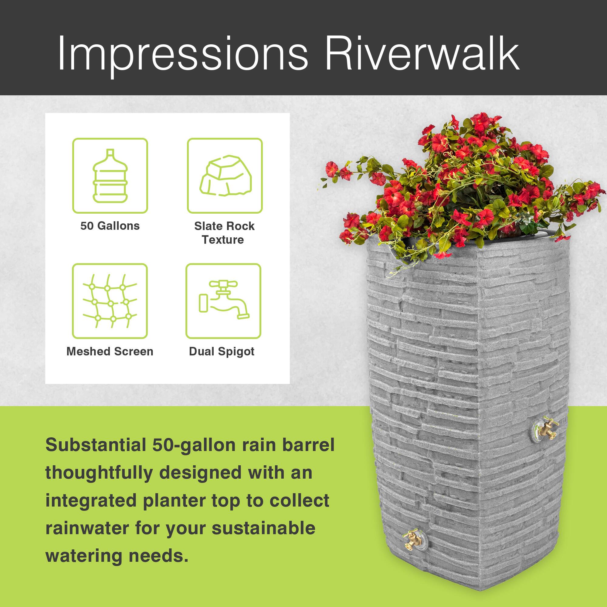 Impressions Riverwalk 50 Gallons Slate Rock Texture Meshed Screen Dual Spigot Substantial 50-gallon rain barrel thoughtfully designed with an integrated planter top to collect rainwater for your sustainable watering needs.