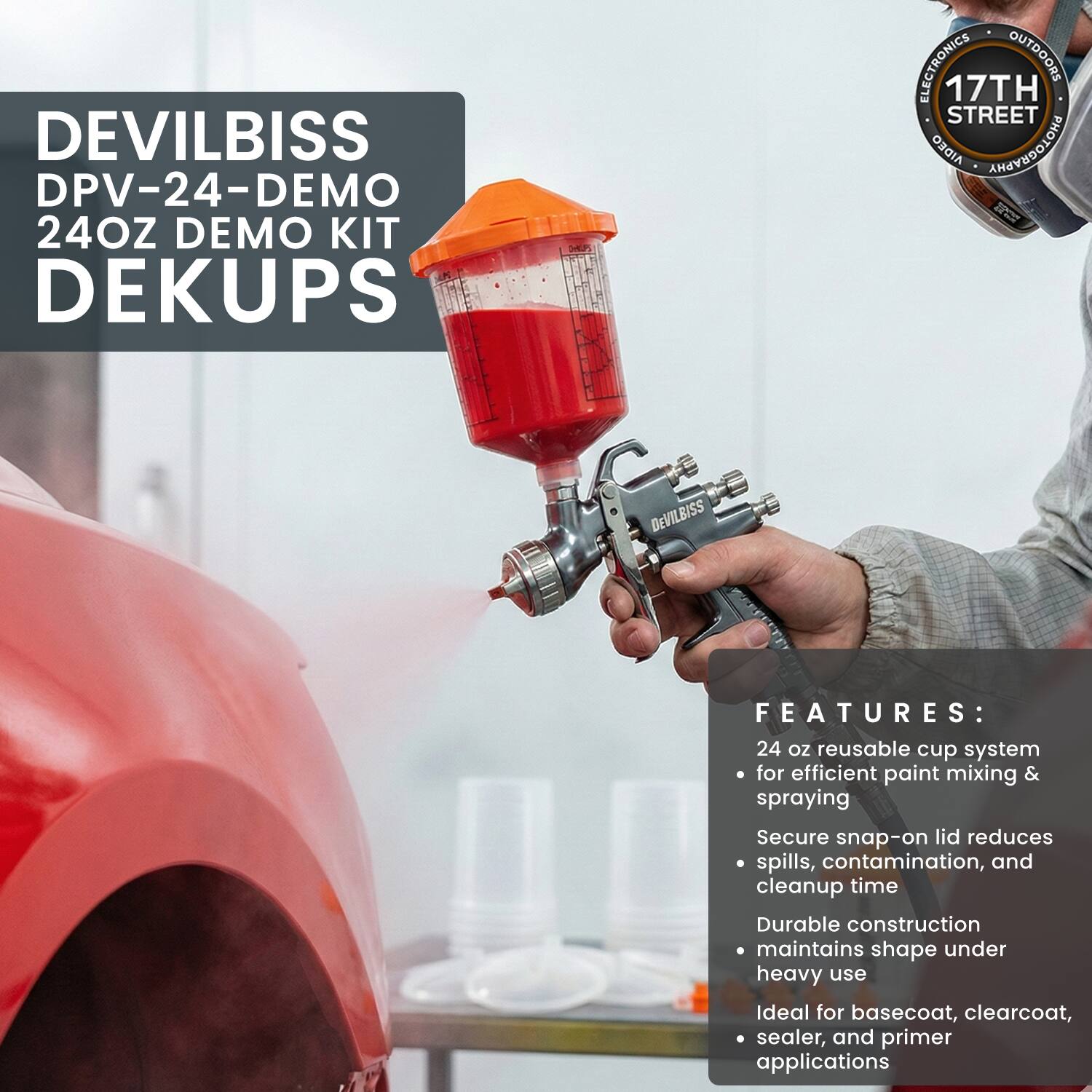 DEVILBISS DPV-24-DEMO 24OZ DEMO KIT DEKUPS

ELECTRONICS OUTDOORS 17TH STREET AIDEO PHOTOGRAPHY

FEATURES:
- 24 oz reusable cup system for efficient paint mixing & spraying
- Secure snap-on lid reduces spills, contamination, and cleanup time
- Durable construction maintains shape under heavy use
- Ideal for basecoat, clearcoat, sealer, and primer applications
