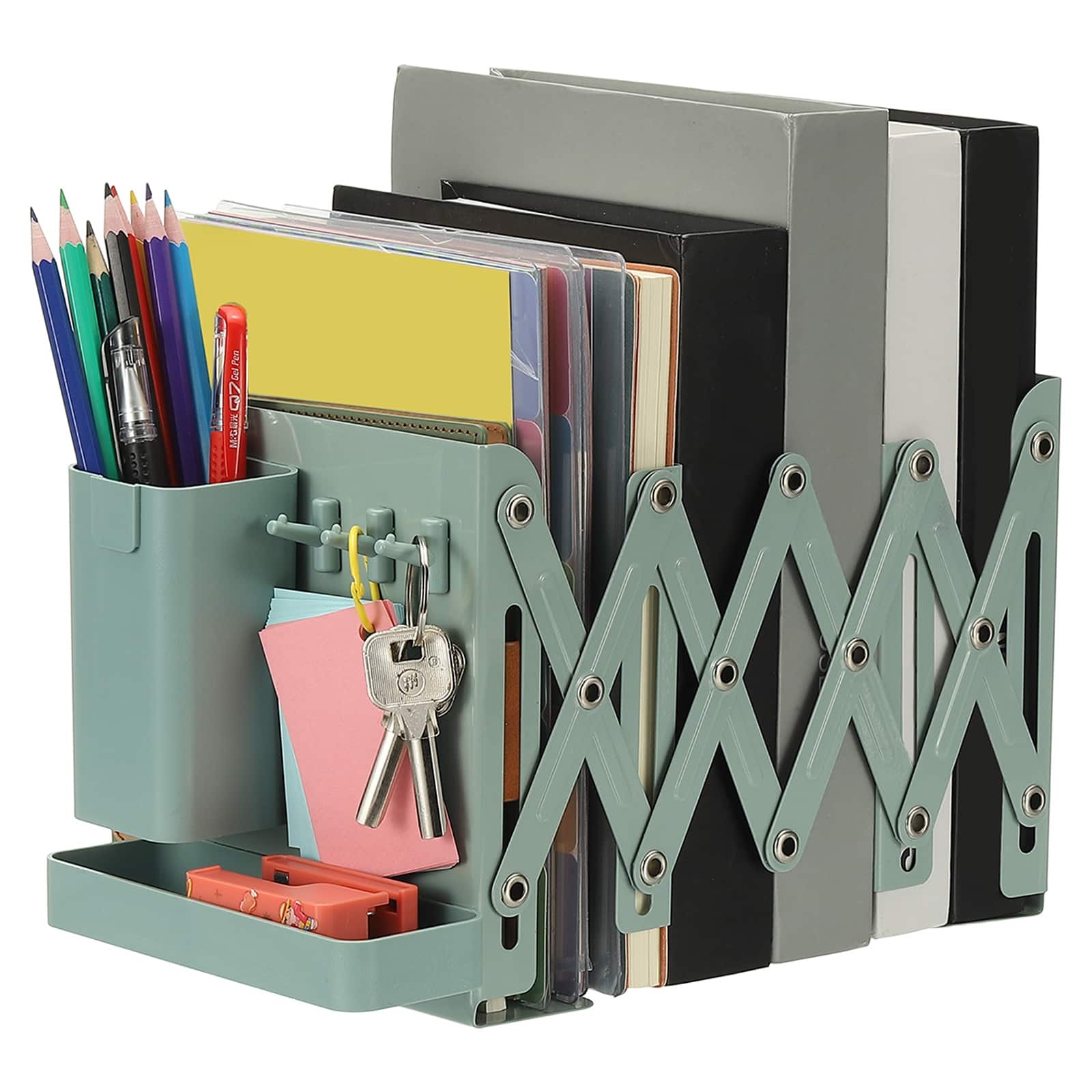 Unique Bargains - Adjustable Book Ends, 6.5" Tall Heavy Duty Metal Adjustable Bookends, with Removable Pen Holder Tray and 3 Hook-up - Green