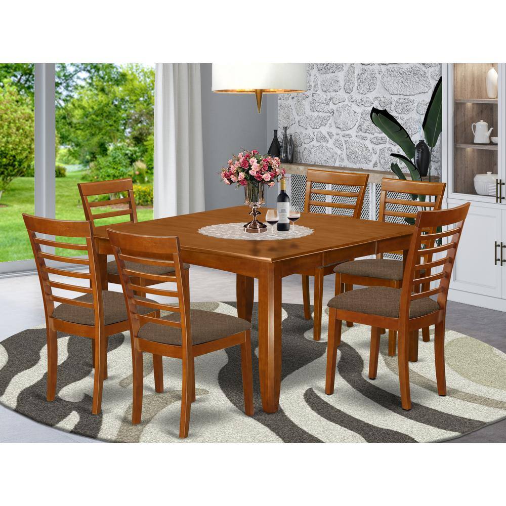 Left. East West Furniture - PFML7-SBR-C 7 PC Dining room set-Table with Leaf and 6 Dinette Chairs - Saddle Brown.