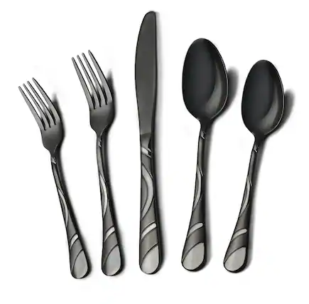 Front. Dazzed Corner - 18/0 Stainless Steel 40-Piece Frosted & Mirror Finish Flatware Set,Set for 8 - Black.