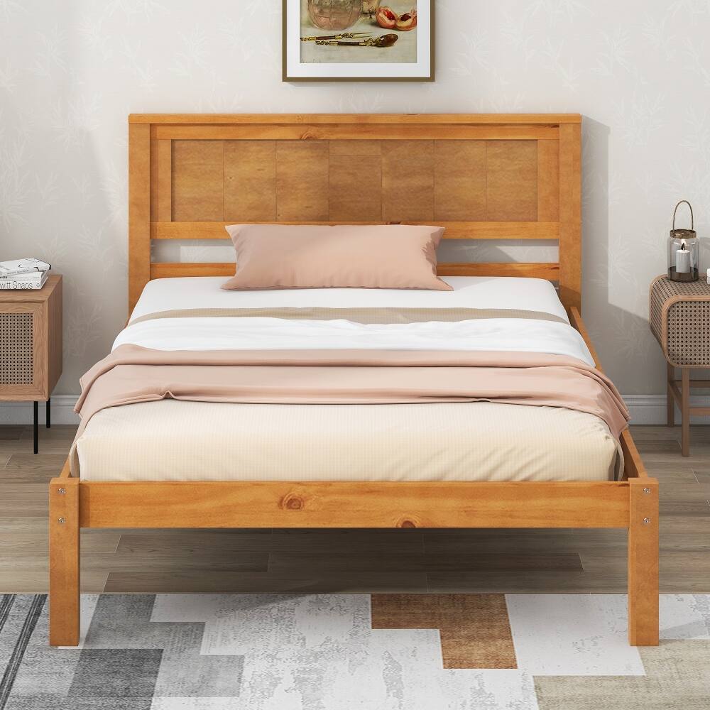 Angle. Loheer - Loheer Twin Platform Bed Frame with Headboard Oak Wood Slat Support No Box Spring Needed - Oak.