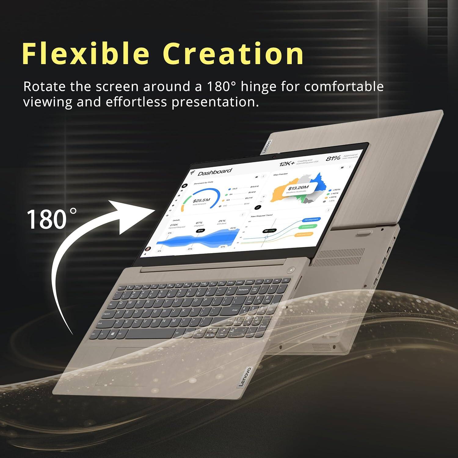 Flexible Creation  
Rotate the screen around a 180° hinge for comfortable viewing and effortless presentation.  

180°
