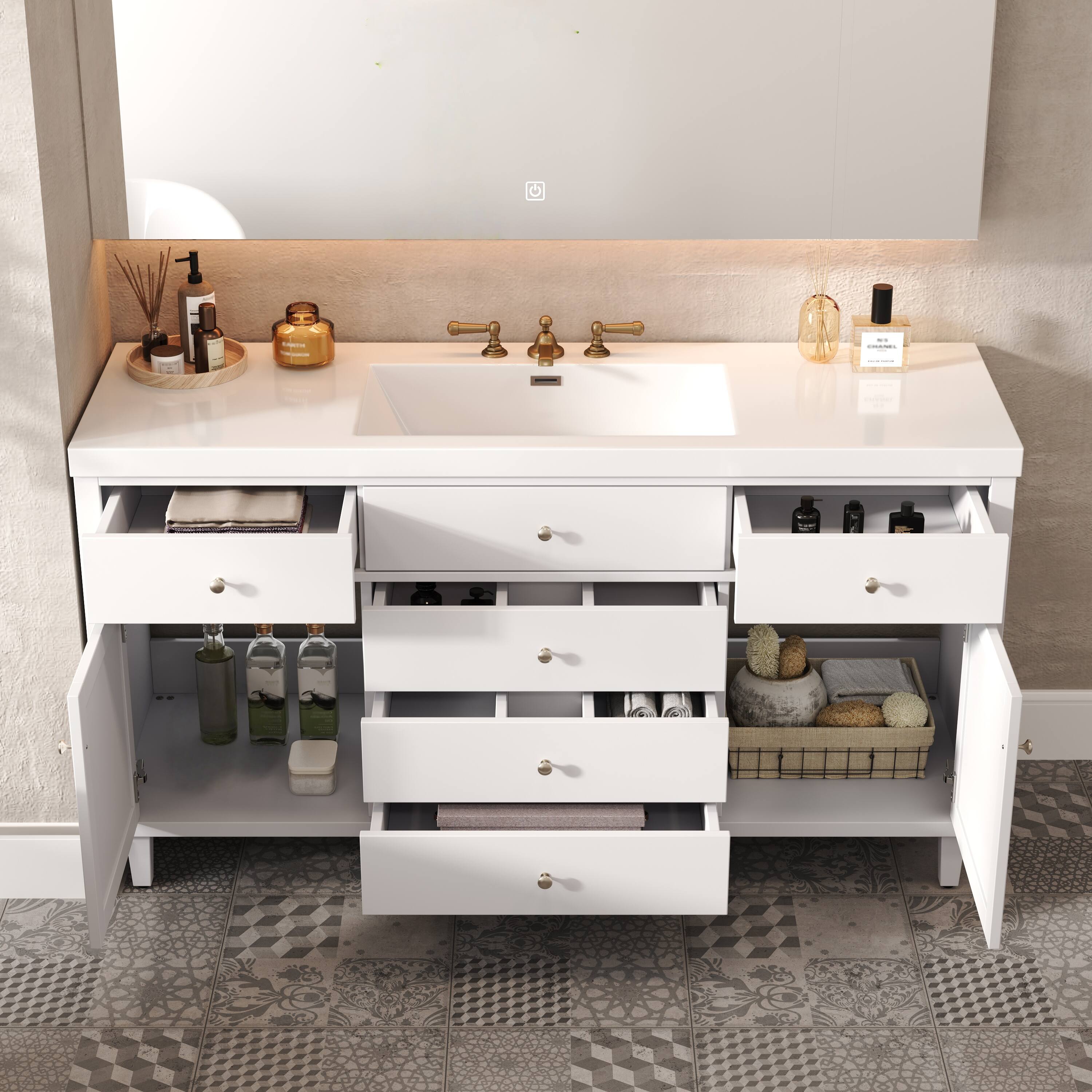 Alt View 1. Loheer - 5 ft Modern Bathroom Vanity with SMC Sink, Soft Close Drawers, Rattan Doors - White.