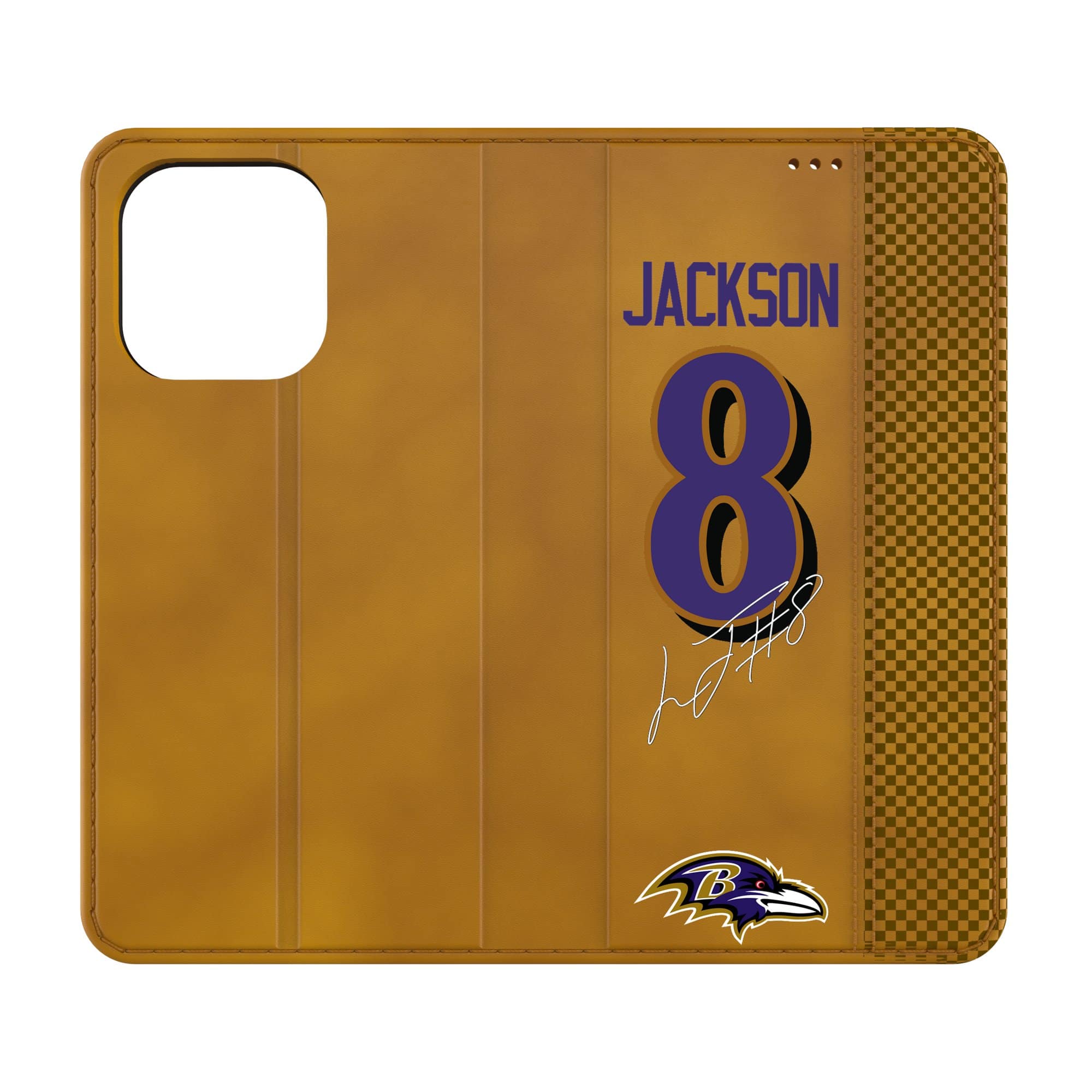 Front. Keyscaper - Lamar Jackson Brown Baltimore Ravens Folio iPhone Case - 13 Pro - Brown.