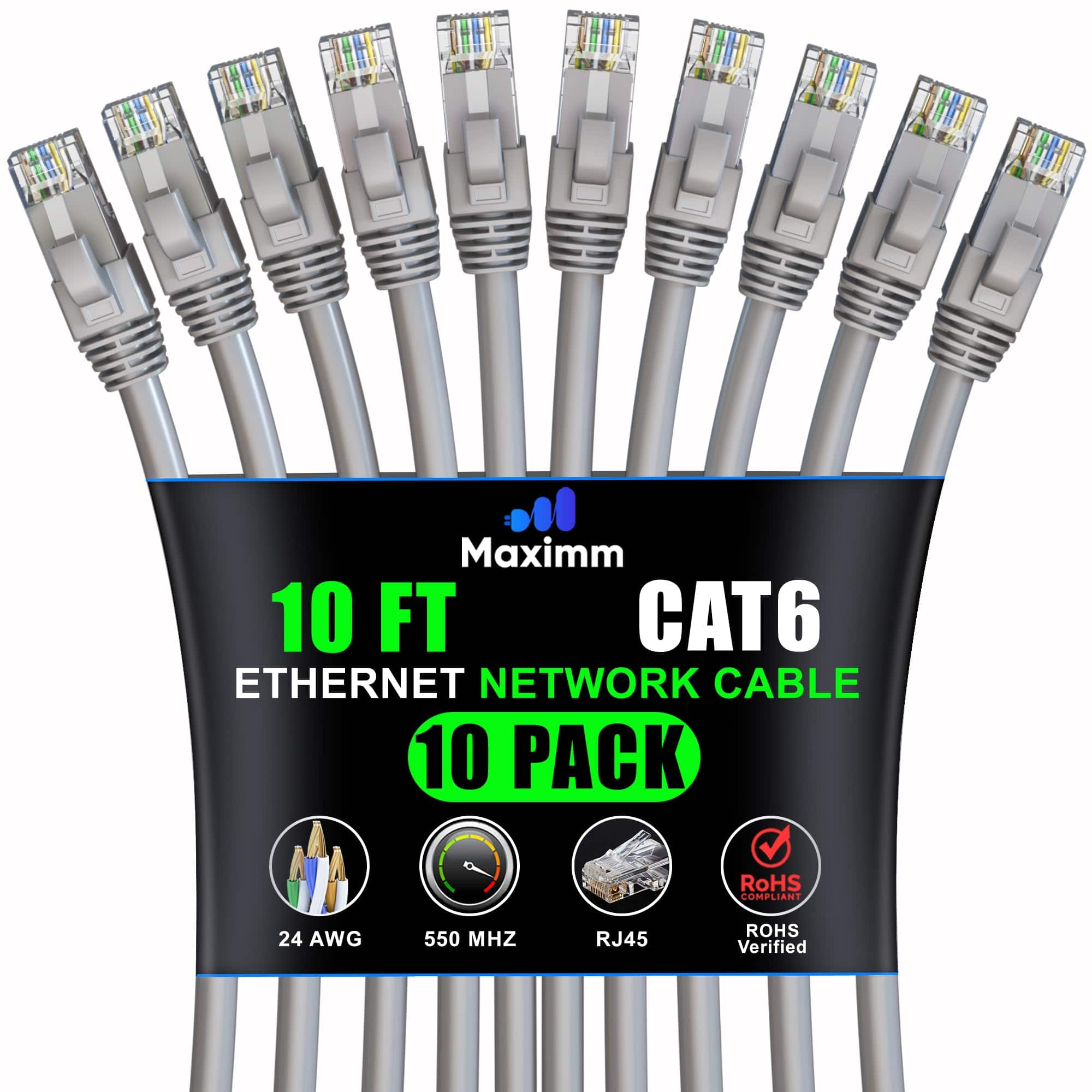 Maximm - Cat 6 Ethernet Cable 10 ft (10-Pack) - UTP, 10Gbps, 550MHz