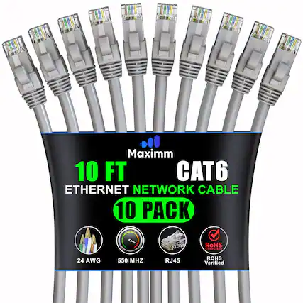 Maxim 10 FT CAT6 Ethernet Network Cable 10 Pack RoHS Compliant 24 AWG 550 MHz RJ45 RoHS Verified