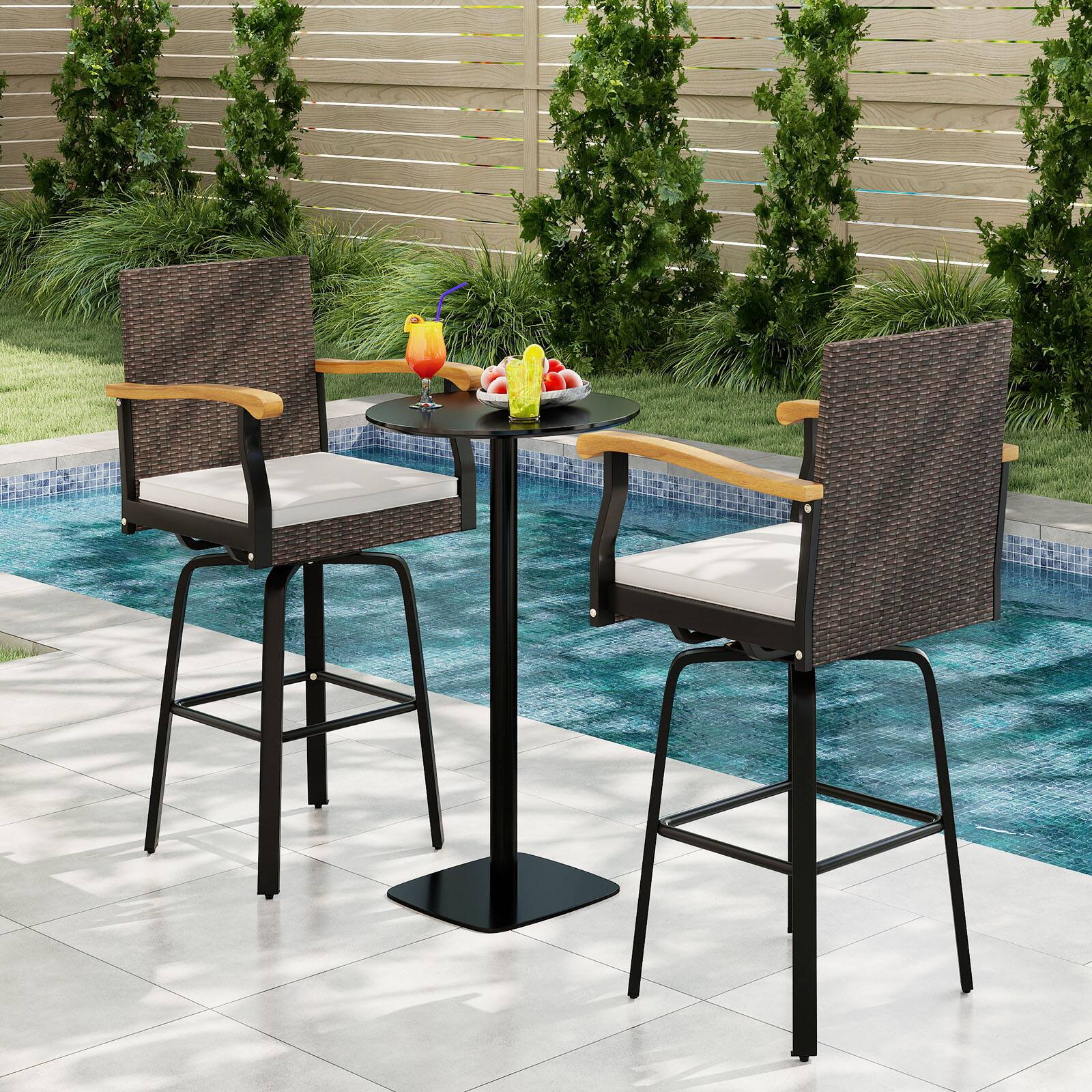 Alt View 3. Gymax - Gymax 4 PCS Outdoor Rattan 360 degree Swivel Bar Stool w/ Removable Cushion Footrests - White.