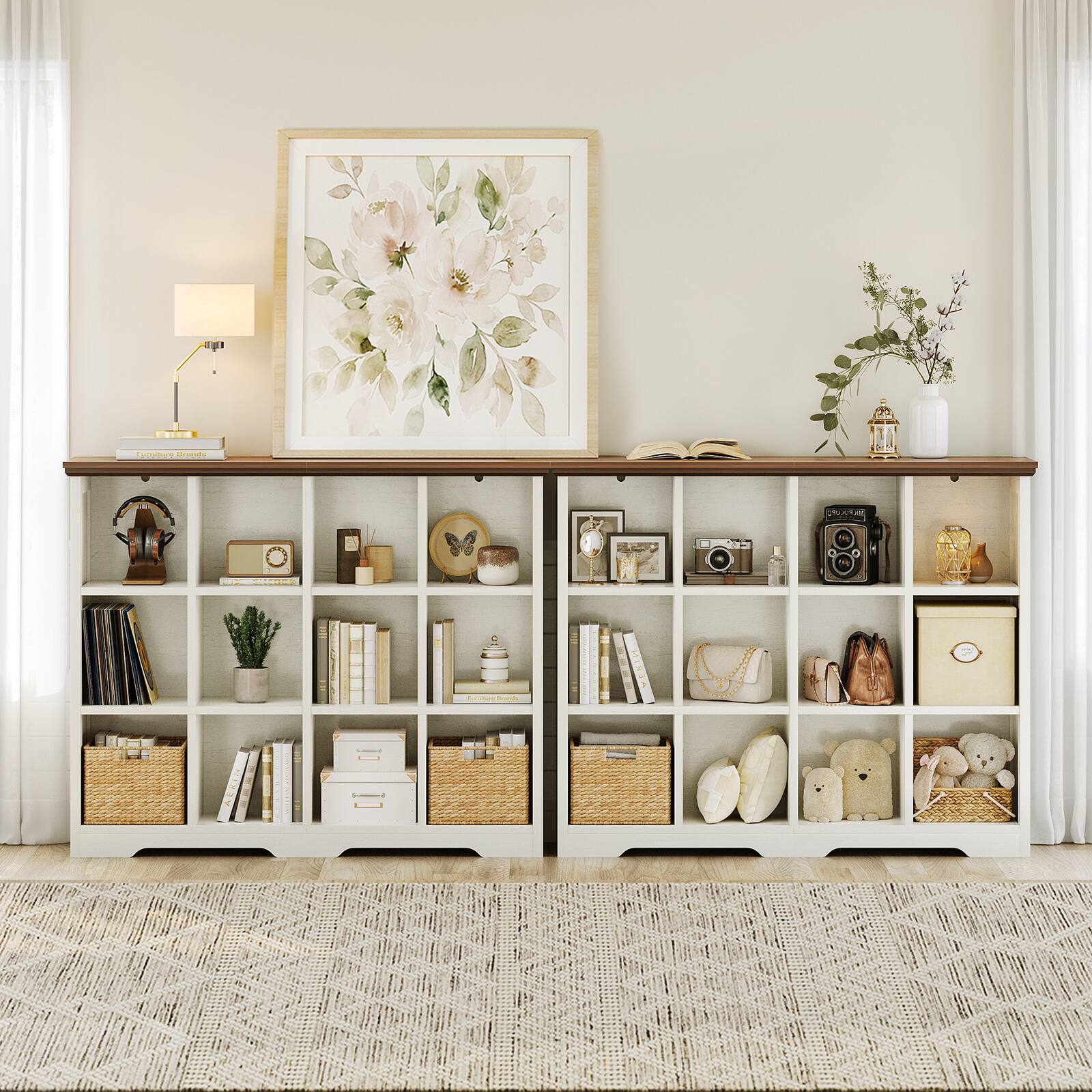Alt View 2. OffiGo - Cube Open Shelf Bookcase, Modern Farmhouse Storage Organizer for Bins, Books, Decor – Display Console for Living Room, B - Walnut+white.