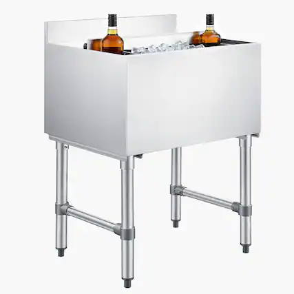 Front. VEVOR - Commercial Ice Bin, 65.1 Qt Max Capacity, 24 x 19 x 33 Inch Stainless Steel Ice Chest with Sliding Lid and Bottle - Silver.