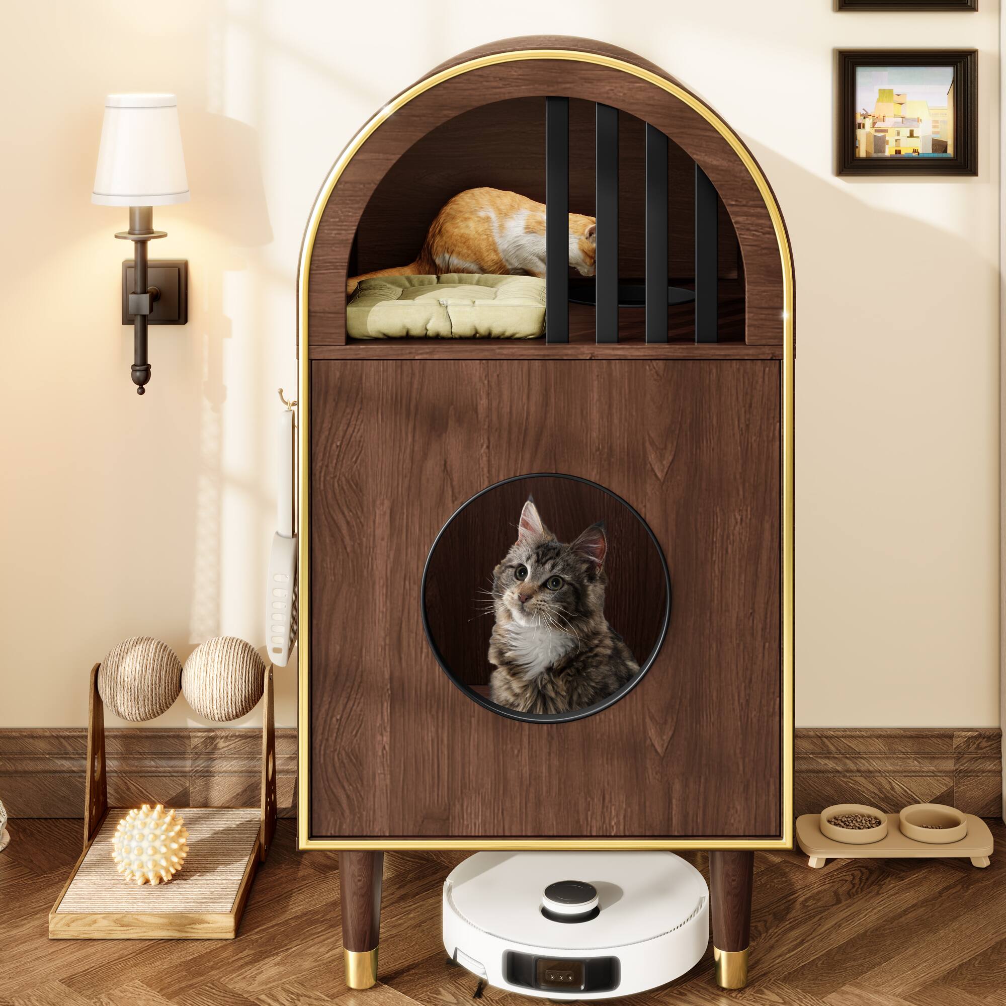 Angle. Whisen - Cat House, Indoor Cat Condo with Storage, Wooden Pet Shelter Furniture for Bedroom or Living Room - Espresso.