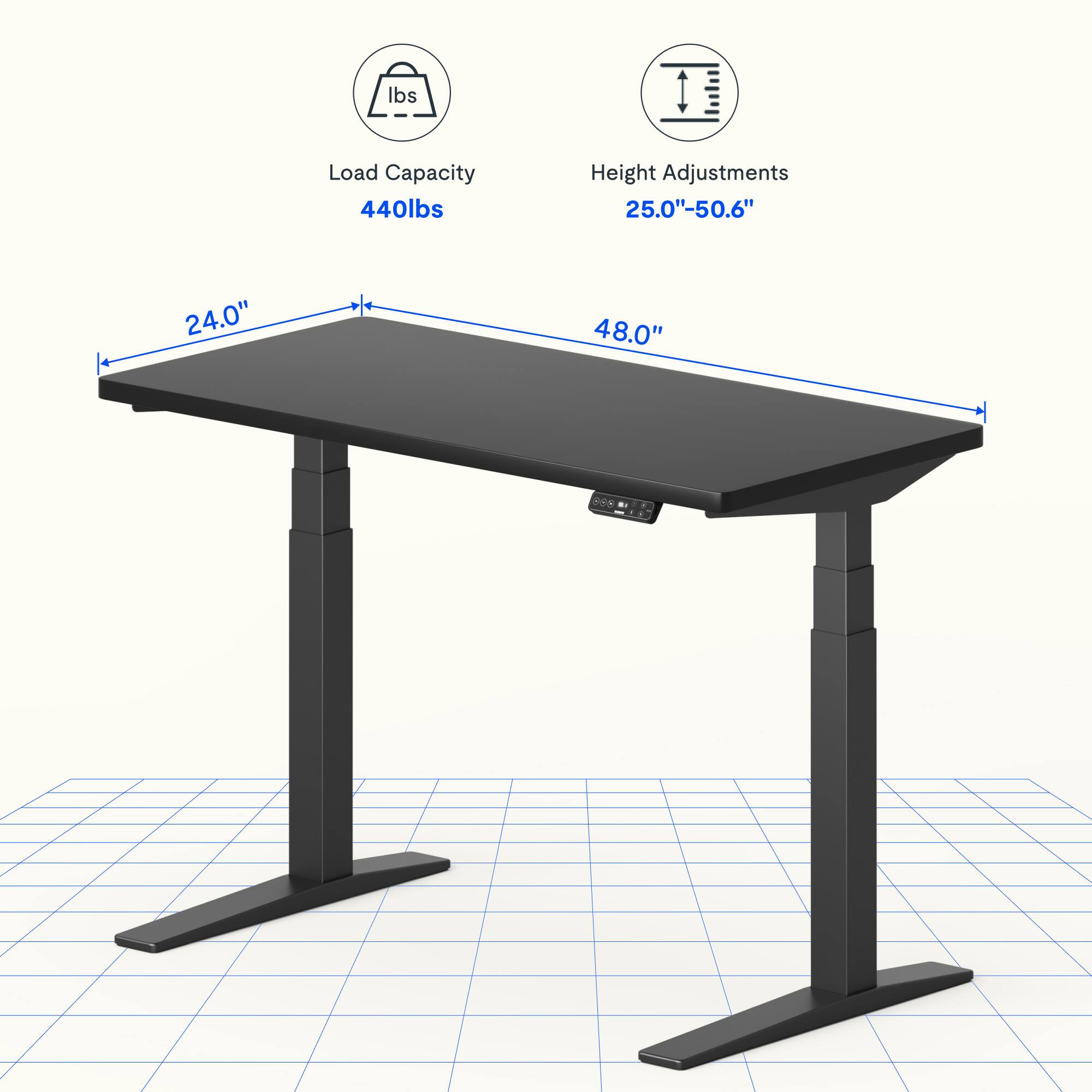 Load Capacity: 440lbs  
Height Adjustments: 25.0"-50.6"  
Dimensions: 24.0" x 48.0"