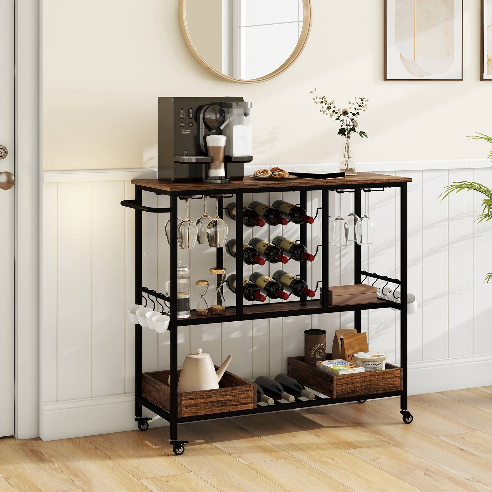 Alt View 1. Ecooso - 3-Tier Bar Cart on Wheels Mobile Serving Cart with Glass Racks for Dining Room - Rustic brown.