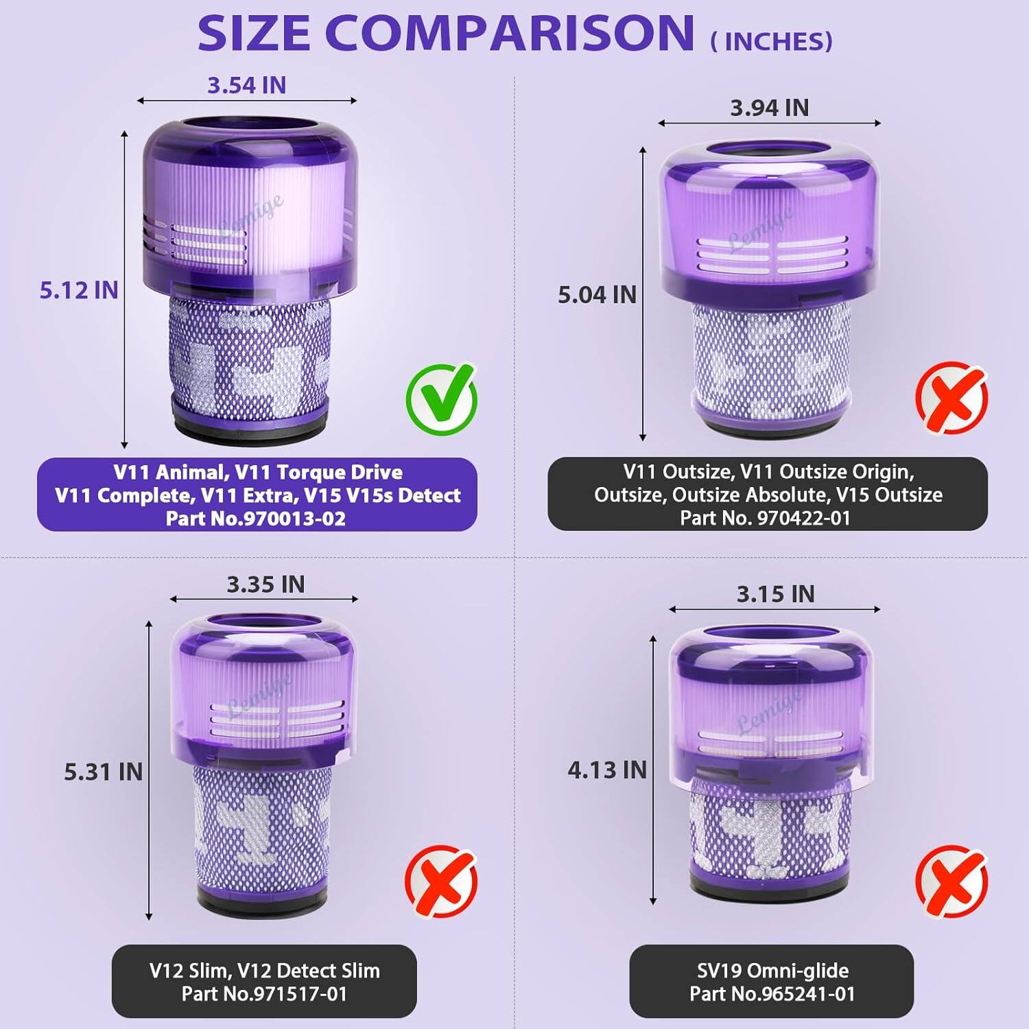 **SIZE COMPARISON (INCHES)**

- **3.54 IN**  
  **5.12 IN**  
  V11 Animal, V11 Torque Drive, V11 Complete, V11 Extra, V15 V15s Detect  
  Part No. 970013-02

- **3.94 IN**  
  **5.04 IN**  
  V11 Outsize, V11 Outsize Origin, Outsize, Outsize Absolute, V15 Outsize  
  Part No. 970422-01

- **3.35 IN**  
  **5.31 IN**  
  V12 Slim, V12 Detect Slim  
  Part No. 971517-01

- **3.15 IN**  
  **4.13 IN**  
  SV19 Omni-glide  
  Part No. 965241-01