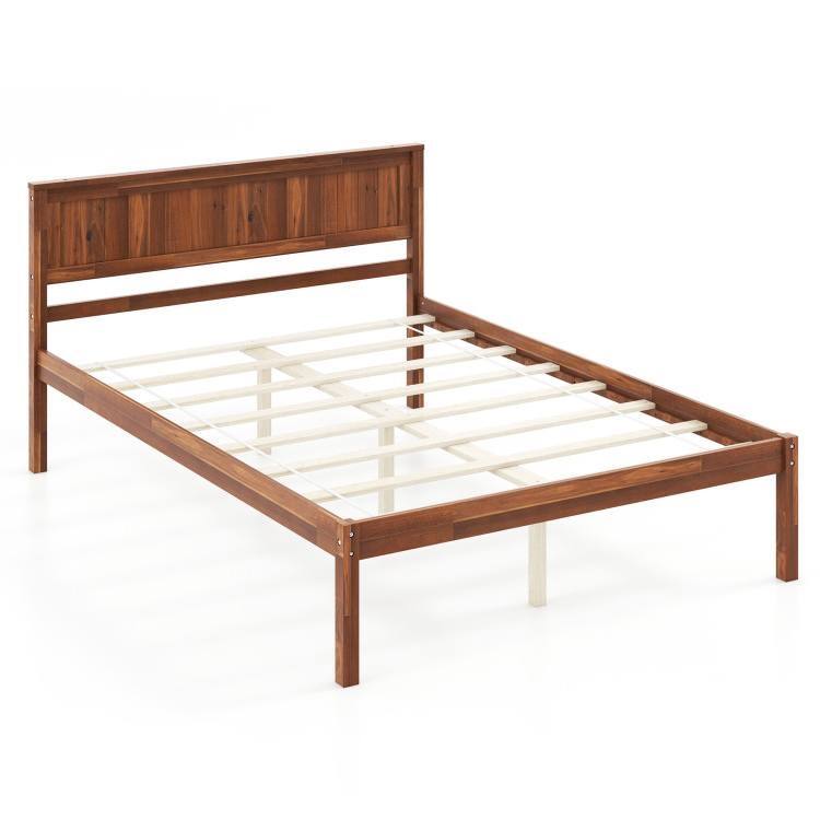 Hivvago - Full Size Retro Wood Platform Bed Frame with Headboard - Brown