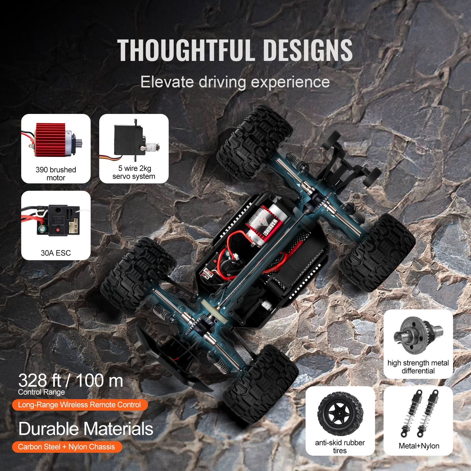 THOUGHTFUL DESIGNS  
Elevate driving experience  

390 brushed motor  
5 wire 2kg servo system  
30A ESC  

328 ft / 100 m  
Control Range  
Long-Range Wireless Remote Control  

Durable Materials  
Carbon Steel + Nylon Chassis  

high strength metal differential  
anti-skid rubber tires  
Metal+Nylon