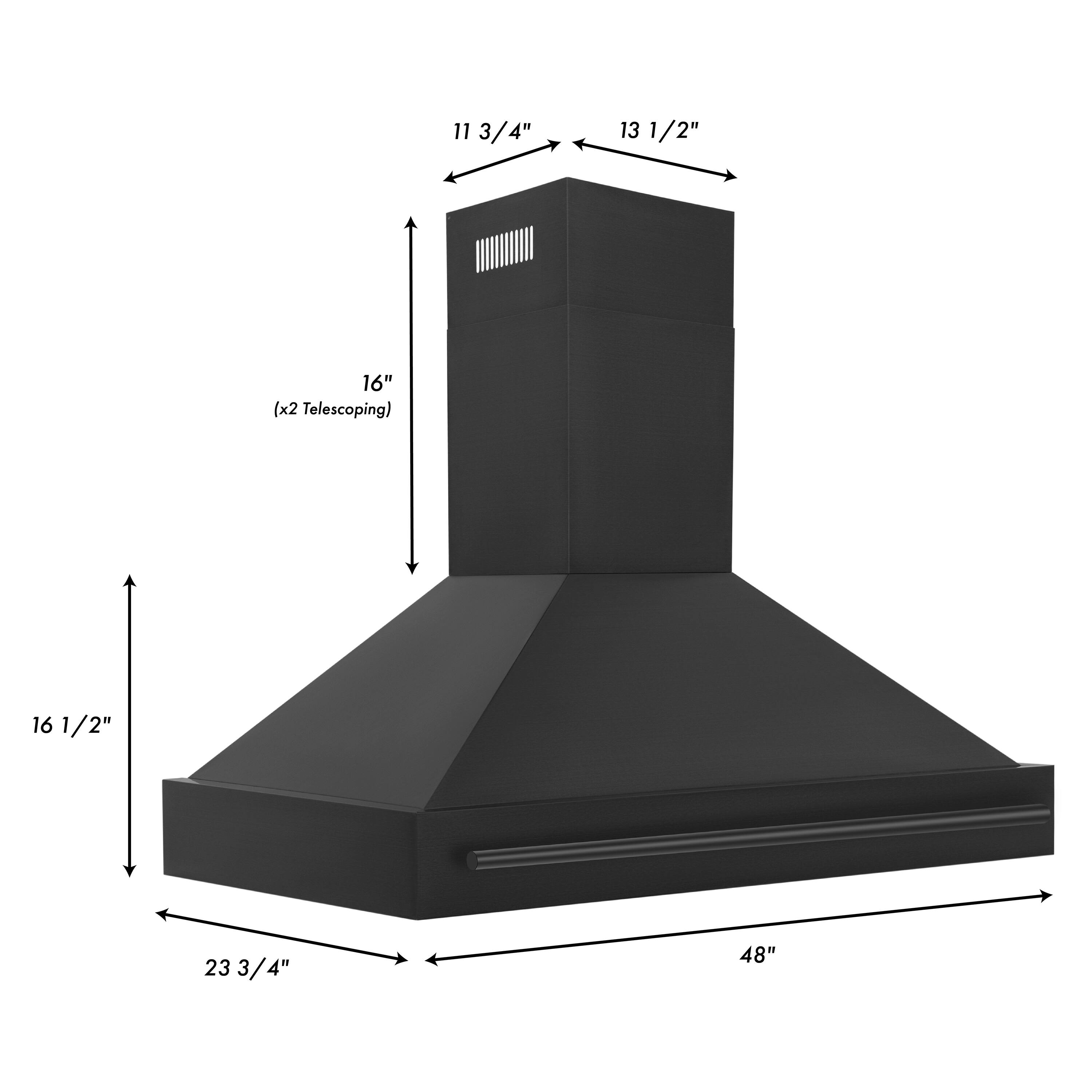 The image shows a black object with a 16 1/2" telescoping feature. The object is 11 3/4" tall and 13 1/2" wide. The height of the object is also 23 3/4" tall.