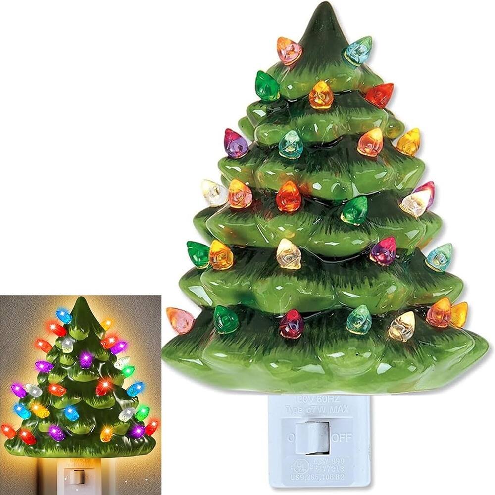 ACJPR - Christmas Tree Night Light – Plug-in Vintage Resin Holiday Wall Décor - Green Painted