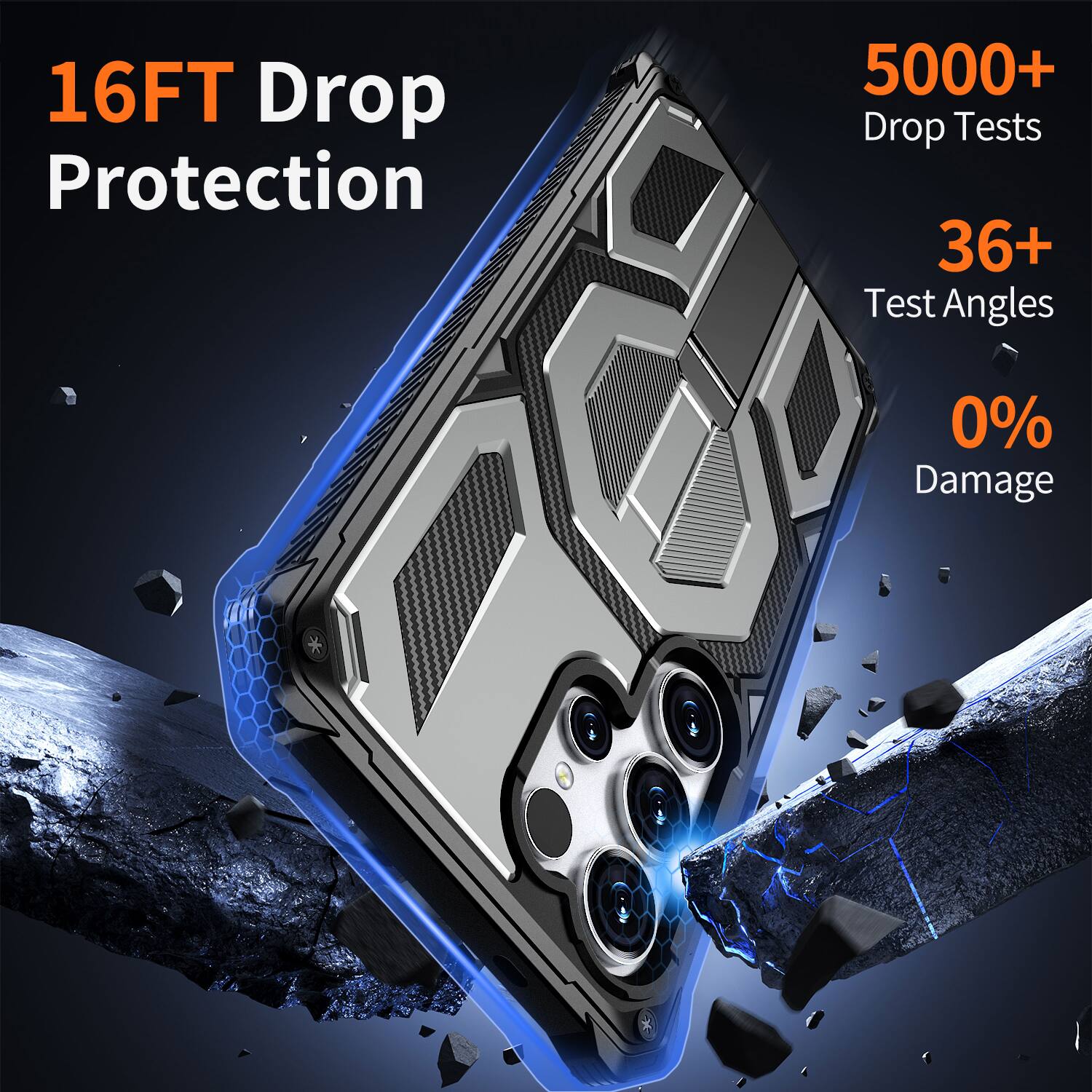 16FT Drop Protection  
5000+ Drop Tests  
36+ Test Angles  
0% Damage