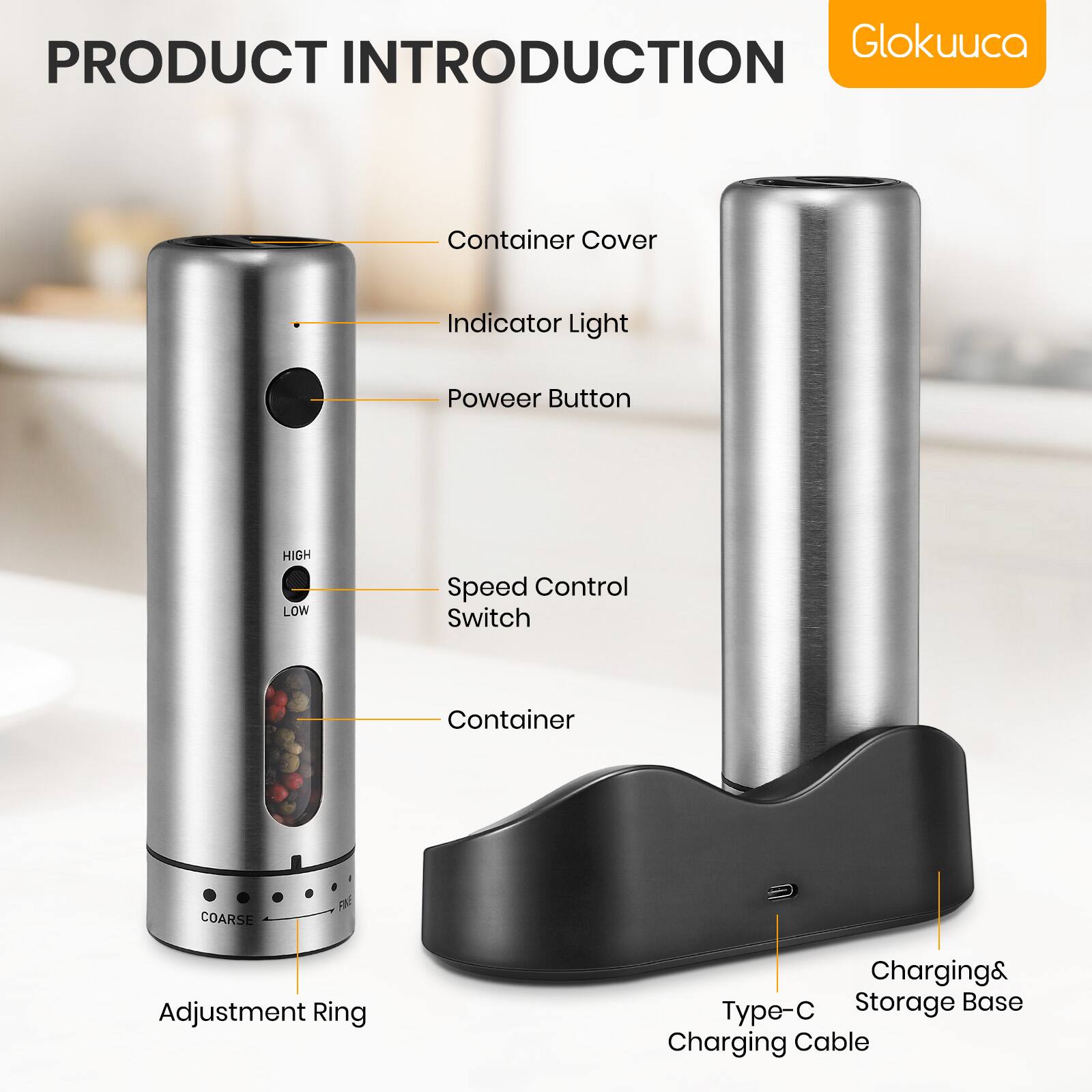 PRODUCT INTRODUCTION

- Container Cover
- Indicator Light
- Power Button
- Speed Control Switch (HIGH LOW)
- Container
- Adjustment Ring (COARSE FINE)
- Charging & Storage Base
- Type-C Charging Cable

Glokucua