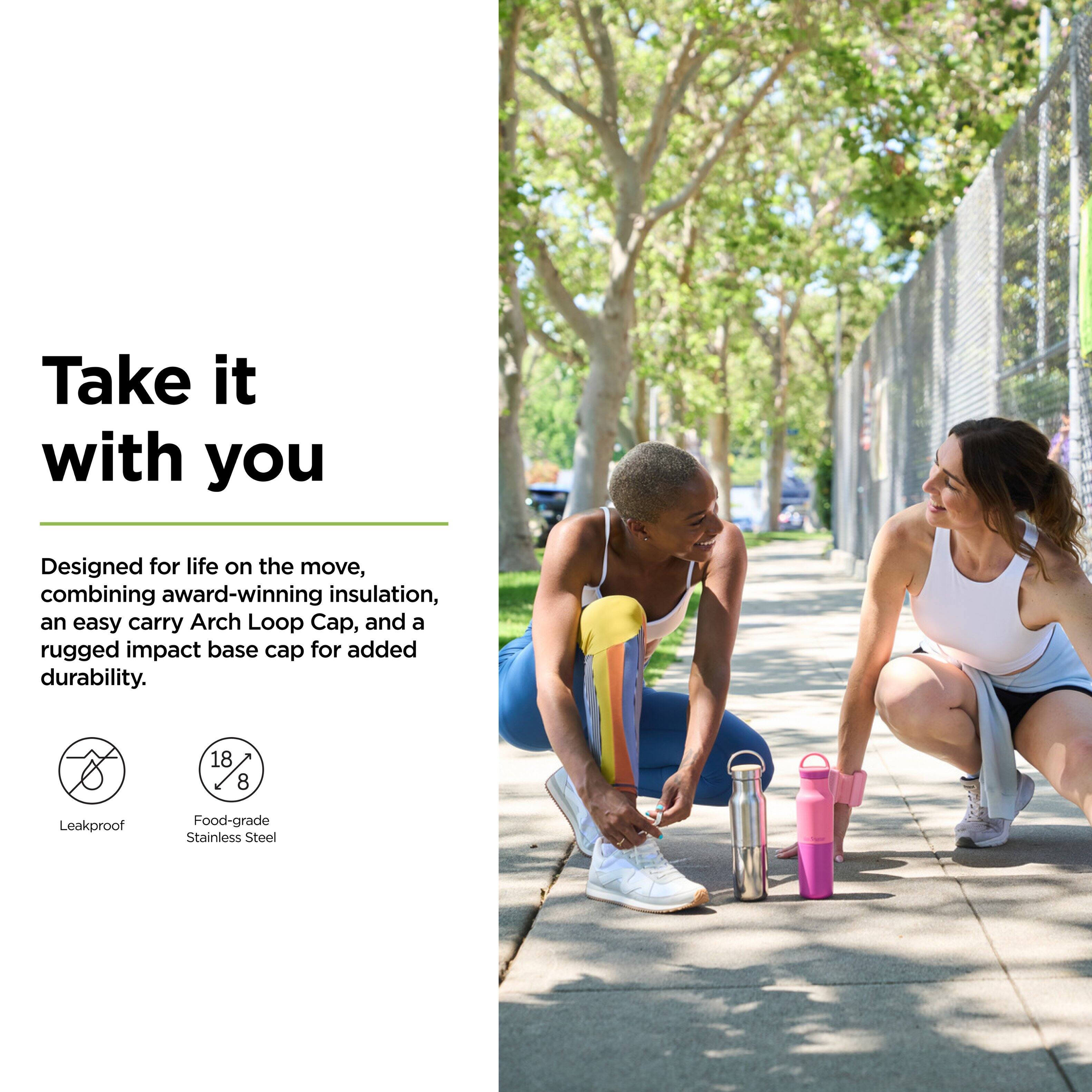 Take it with you

Designed for life on the move, combining award-winning insulation, an easy carry Arch Loop Cap, and a rugged impact base cap for added durability.

- Leakproof
- 18/8 Food-grade Stainless Steel